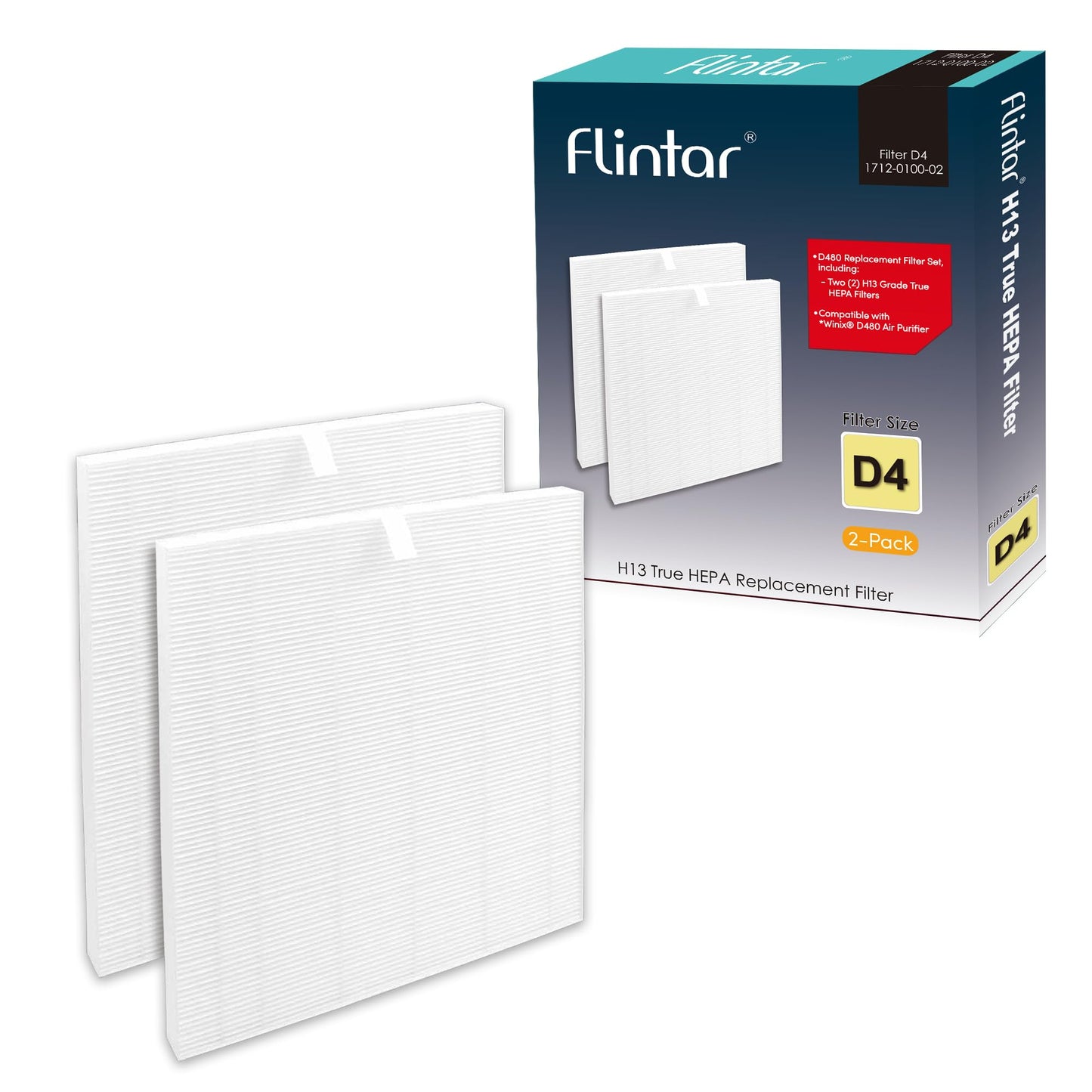 Flintar D480 Filter D4, Compatible with Winix D480 Air Purifier, Premium Grade Filtration and 4 Activated Carbon Filters, Item Number 1712-0100-02, D4-Filter
