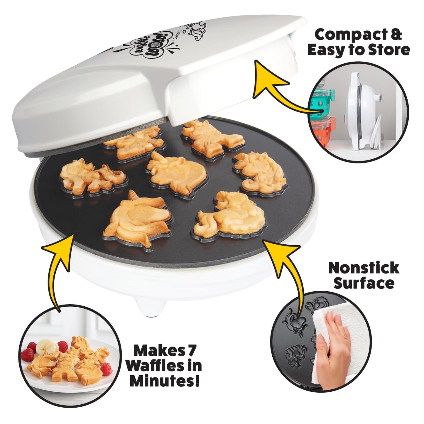 Unicorn Mini Waffle Maker- Creates 7 Different 3D Animal Shaped Waffles in Minutes- A Fun Cool Magical Breakfast for Kids, Girls & Adults- Electric Non-Stick Waffler Iron, Pancake Baker w Recipe Guide