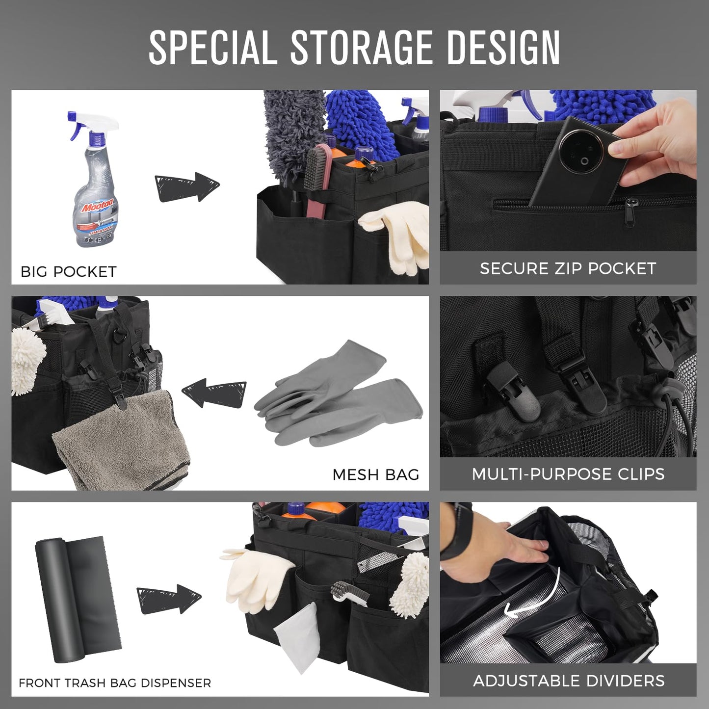 SCAVATA Wearable Cleaning Caddy Organizer with Handle & Shoulder Straps for Housekeepers, Under Sink & Car Cleaning Tool Organizer Bag with 4 Foldable Dividers (Black)