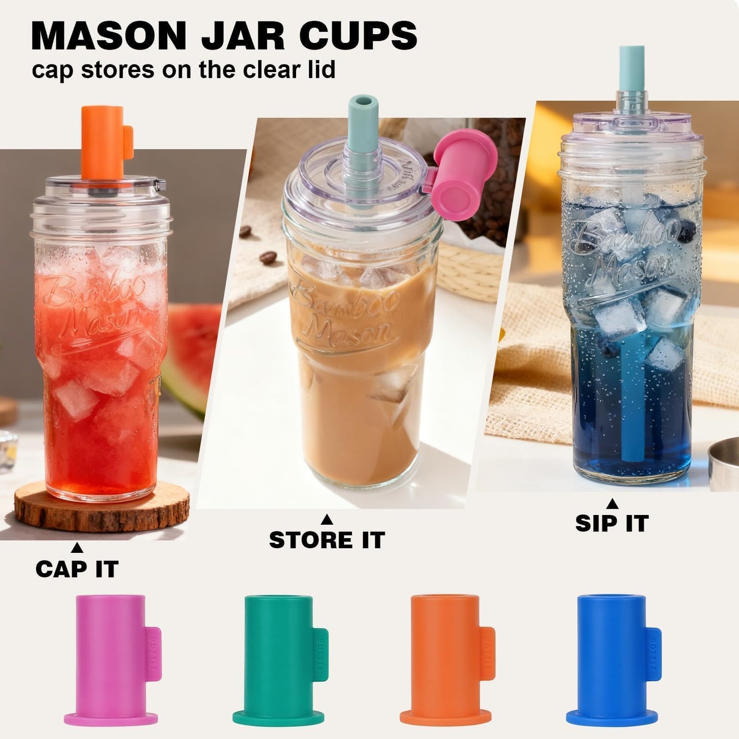 ANOTION 2pc Glass Tumbler with Lids and Straws, Leakproof 24oz Mason Jar Cups, Cap Cup Leak-Proof, Self-Assembly Silicone Straw, Reusable Iced Coffee Smoothie Matcha Cup Aesthetic Coffee Gifts Women