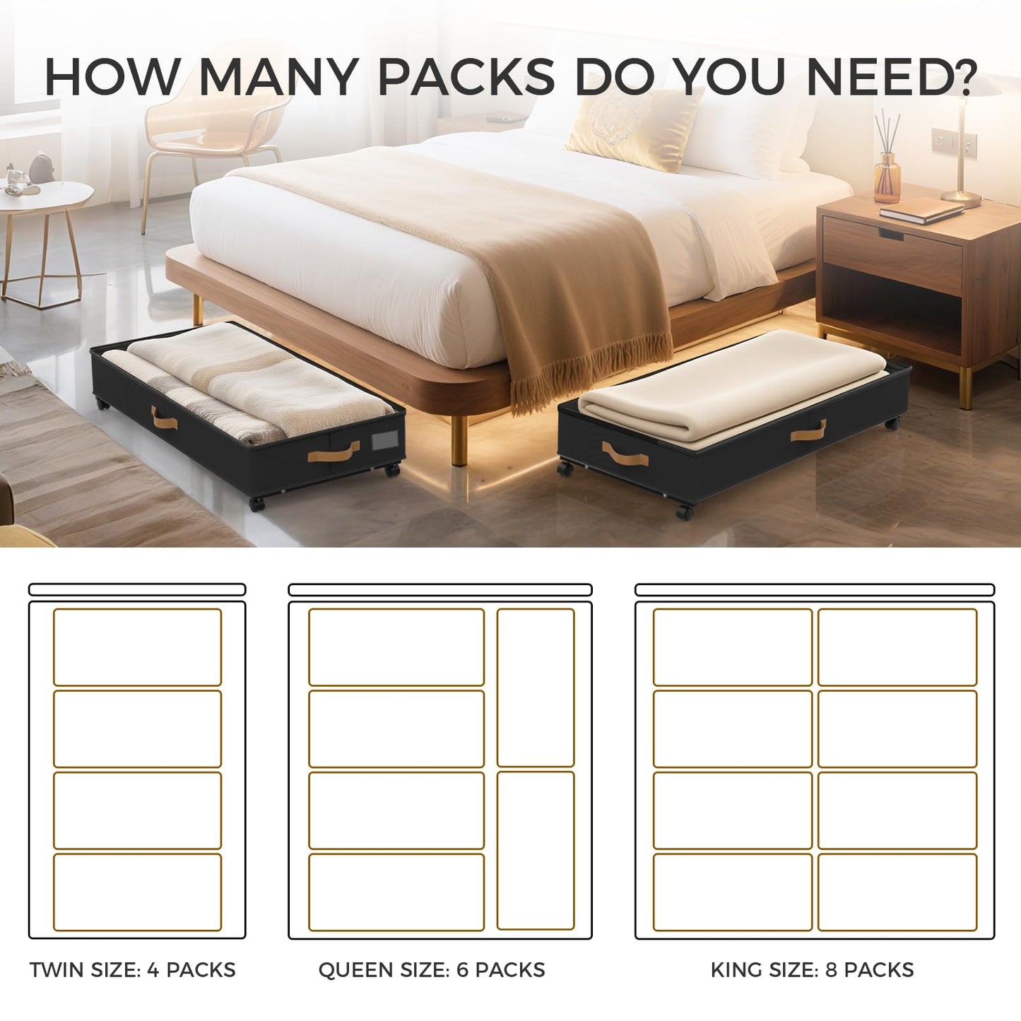 BETBEM Under Bed Storage with Wheels 2-Pack, 75L XXL Under the Bed Storage Containers Large, 12" Tall Adjustable Storage for Underbed with Lids, Rolling for Shoes, Clothes, Blankets (Black)