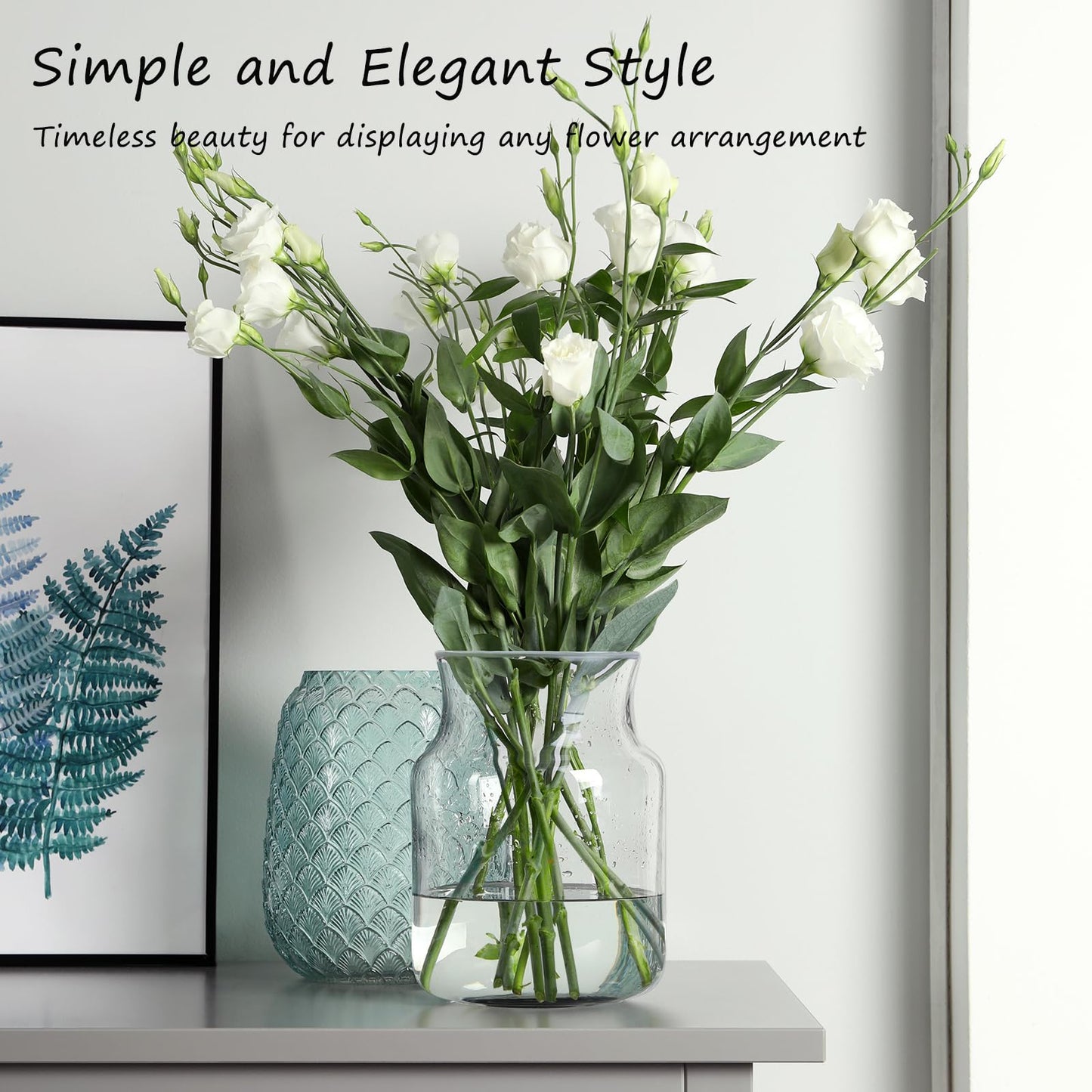 BWODYAY Clear Glass Vase, Large Flower Vase, 8-inch Glass Flower Vase for Plants, Wide Mouth Vase for Home, Wedding, Living Room, Dining Table