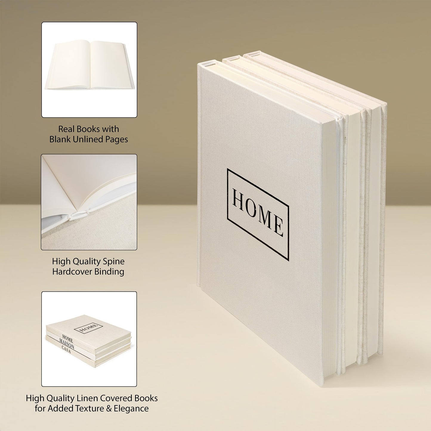 Linen Neutral Coffee Table Books Set of 3,Fashion Designer Hardcover Blank Book Stack, Modern Decorative Books for Home Decor XL Coffee Table Decoration - Stylish Display Book