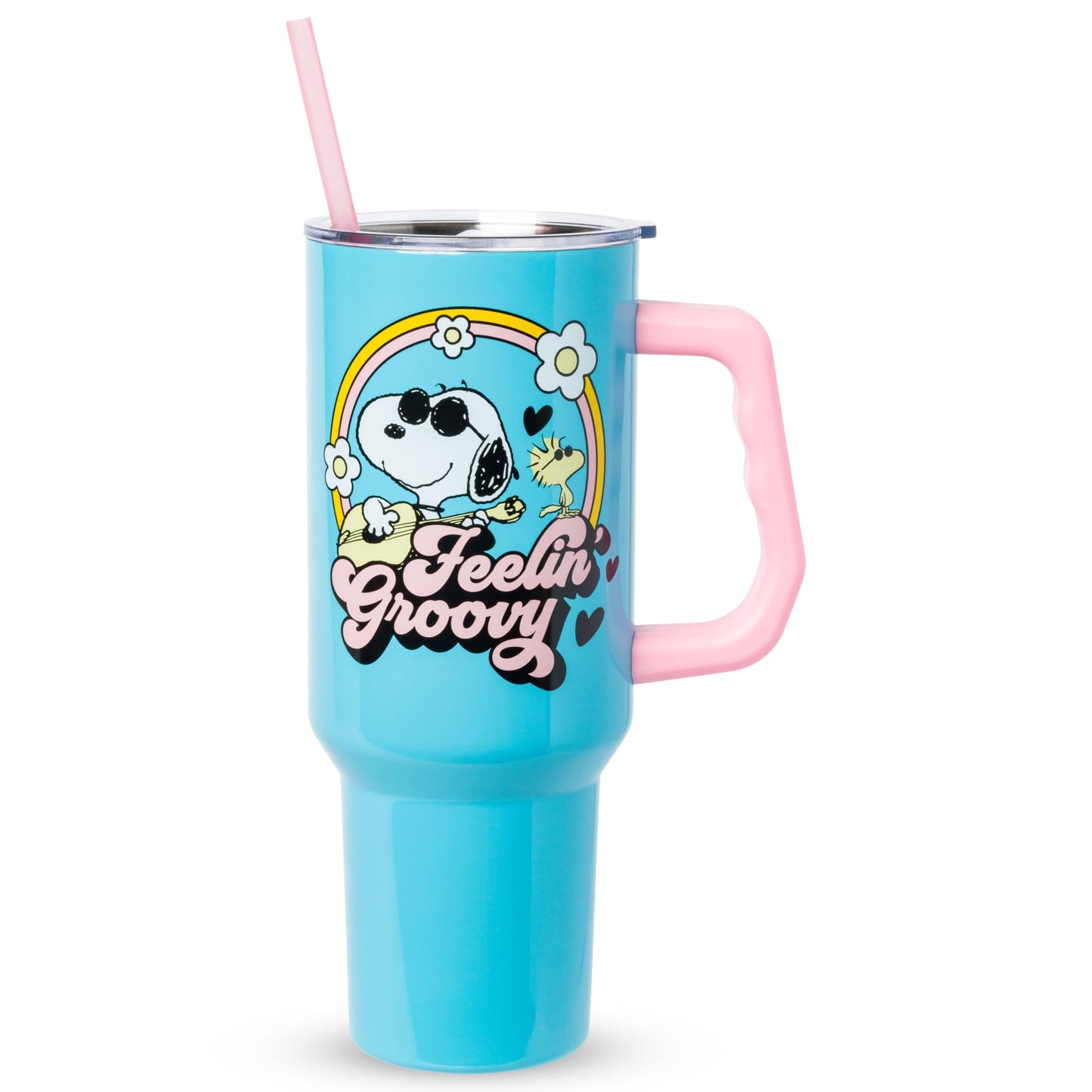 Silver Buffalo Peanuts Featuring Snoopy and Woodstock Feelin' Groovy Double Walled Stainless Steel Tumbler with Handle and Straw, Fits in Standard Cup Holder, 40 Ounces