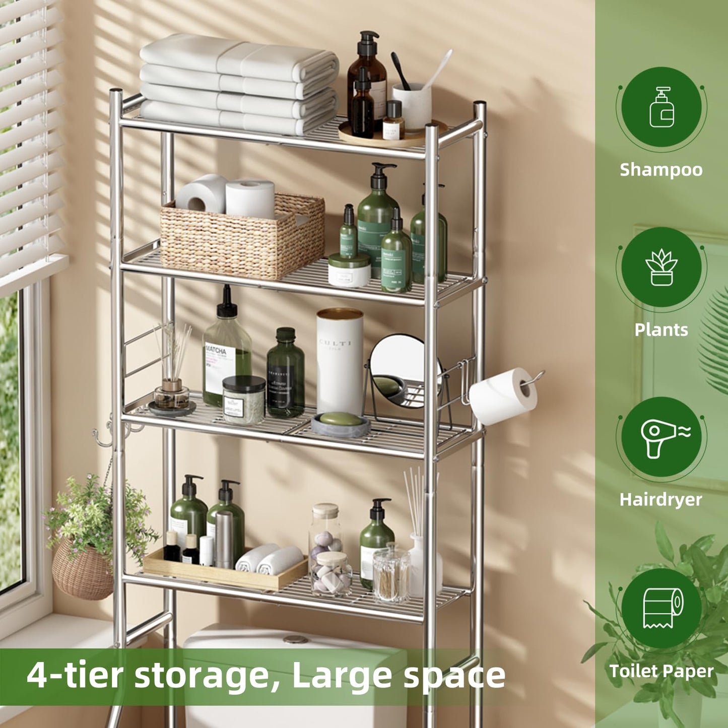 Ekisemio Over the Toilet Storage Cabinet, Metal 4 Tier Bathroom Shelves Over Toilet, Bathroom Oragnizer with 4 Hooks and Paper Holder, Chrome