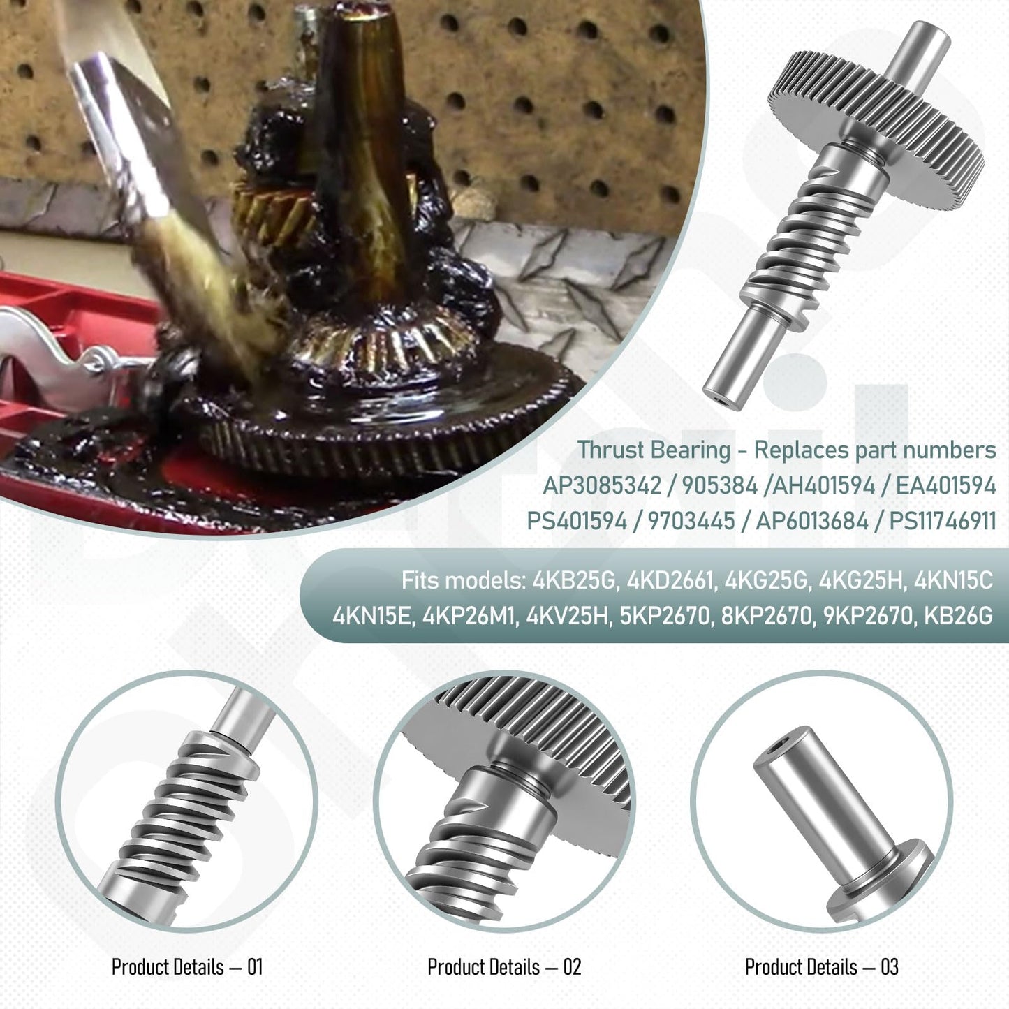 9706529 W11086780 9709231 WP9709231 Worm Gear - by Ohoho - Compatible with Whirlpool/Kitchenaid 5QT & 6QT Stand Mixer Replacement Parts - with Snap Ring & 1.8 Oz Grease & 9703445 Thrust Bearing
