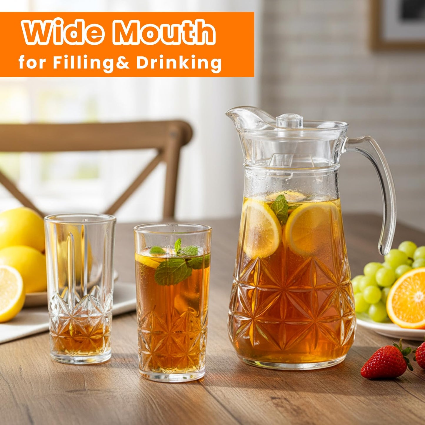 LemonRoad 7 Pcs Glasses Pitcher Drinkware Set 54oz Pitcher Carafe and 6 Tall Drinking Beverage Set, Jug with Lid and Spout for Juice, Iced Tea or Water(Crystle Style)