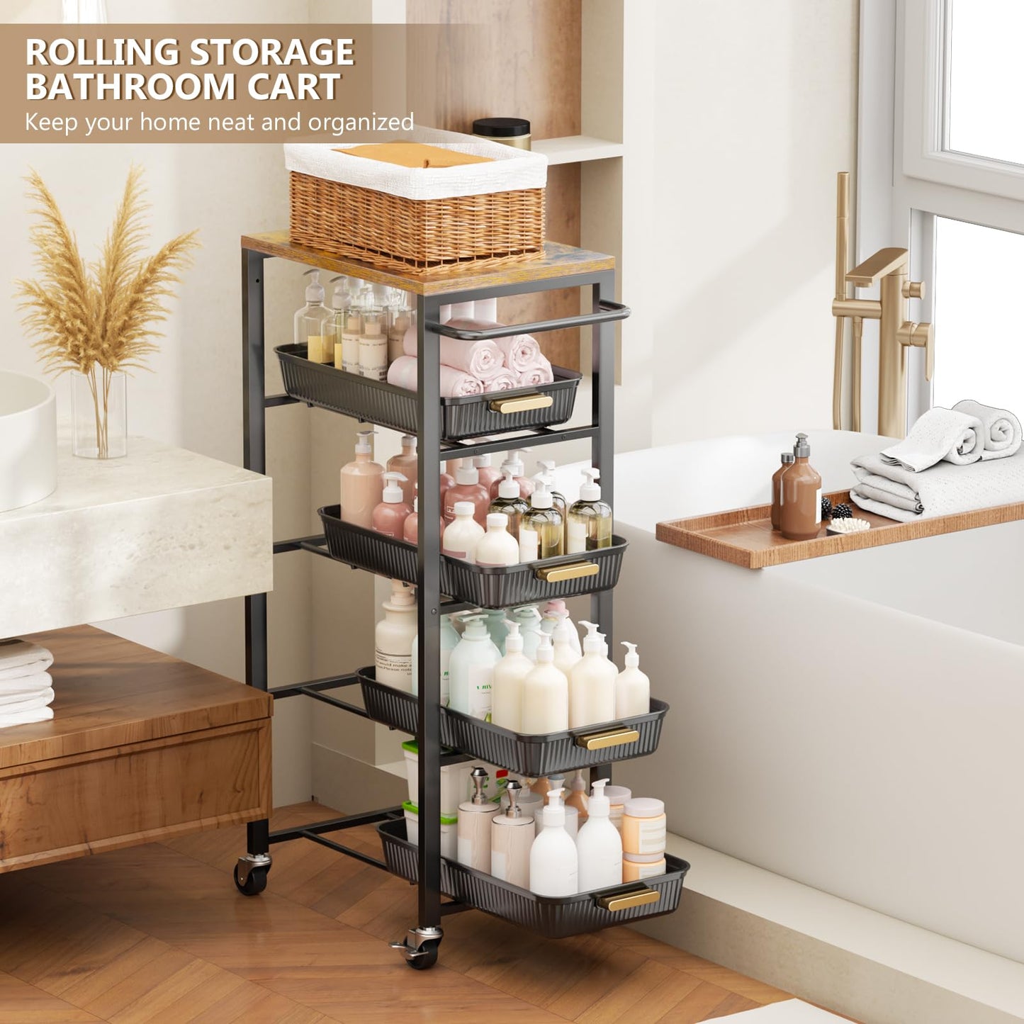 Vivihomety 5-Tier Rolling Utility Cart with Wheels, Kitchen Storage Cart with Wooden Top & Pull-Out Mesh Baskets, Large Capacity Organizer for Kitchen, Bathroom, Laundry Room Black