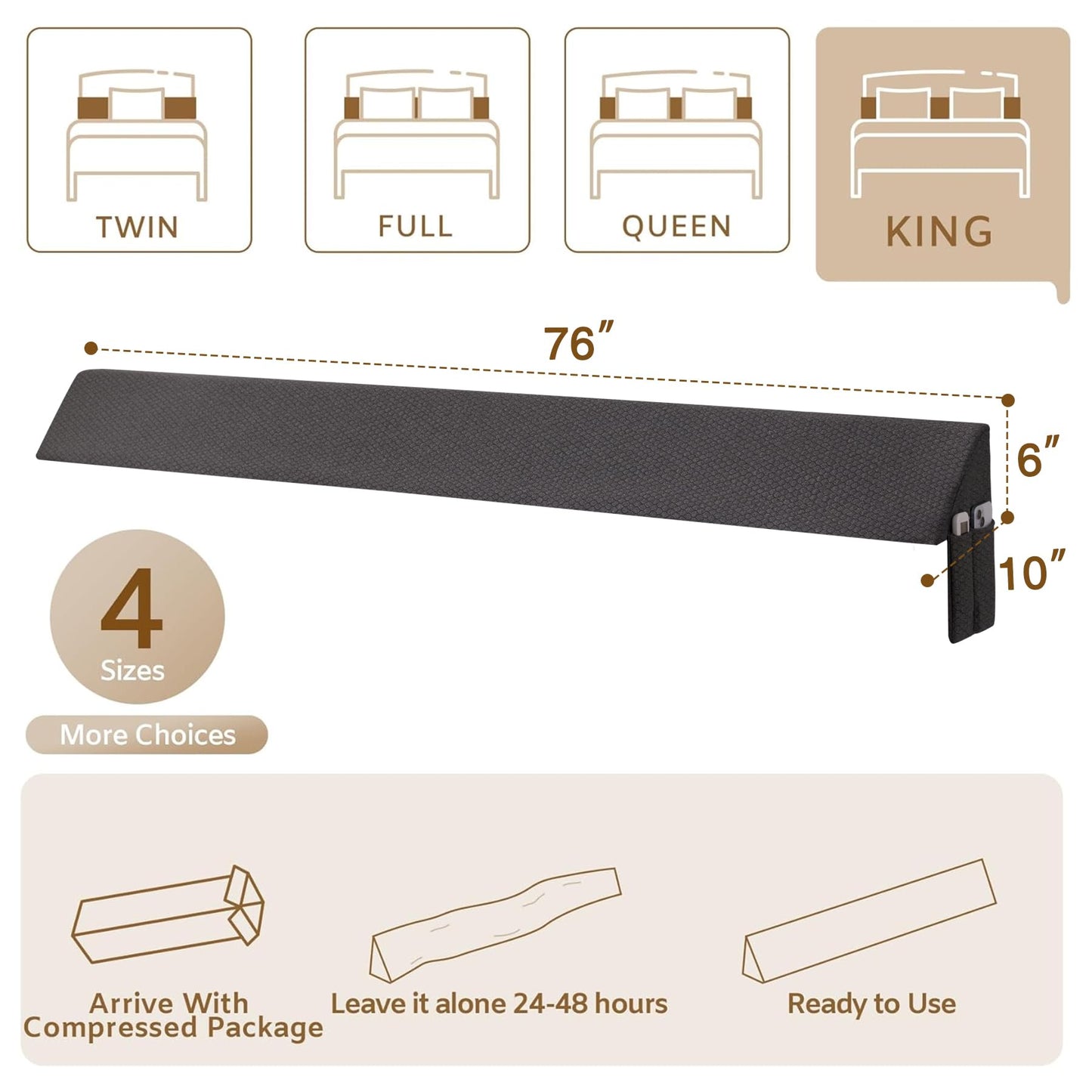 Bedluxe King Wedge Pillow Headboard (76"x10"x6"), Bed Wedge Pillow for Headboard, Foam Headboard Pillow, Bed Gap Filler King - Fill The Gap (0-7"), Mattress Gap Filler (Air-Layer Black, 76"x10"x6")