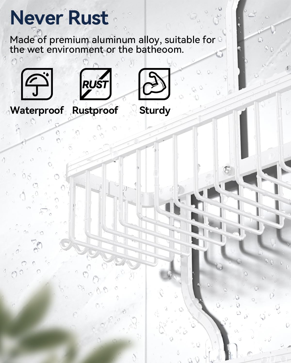 YASONIC Never-Rust Aluminum Hanging Shower Caddy – Over-the-Showerhead Organizer with 10 Hooks for Razor and Sponge – Includes Soap Basket – White
