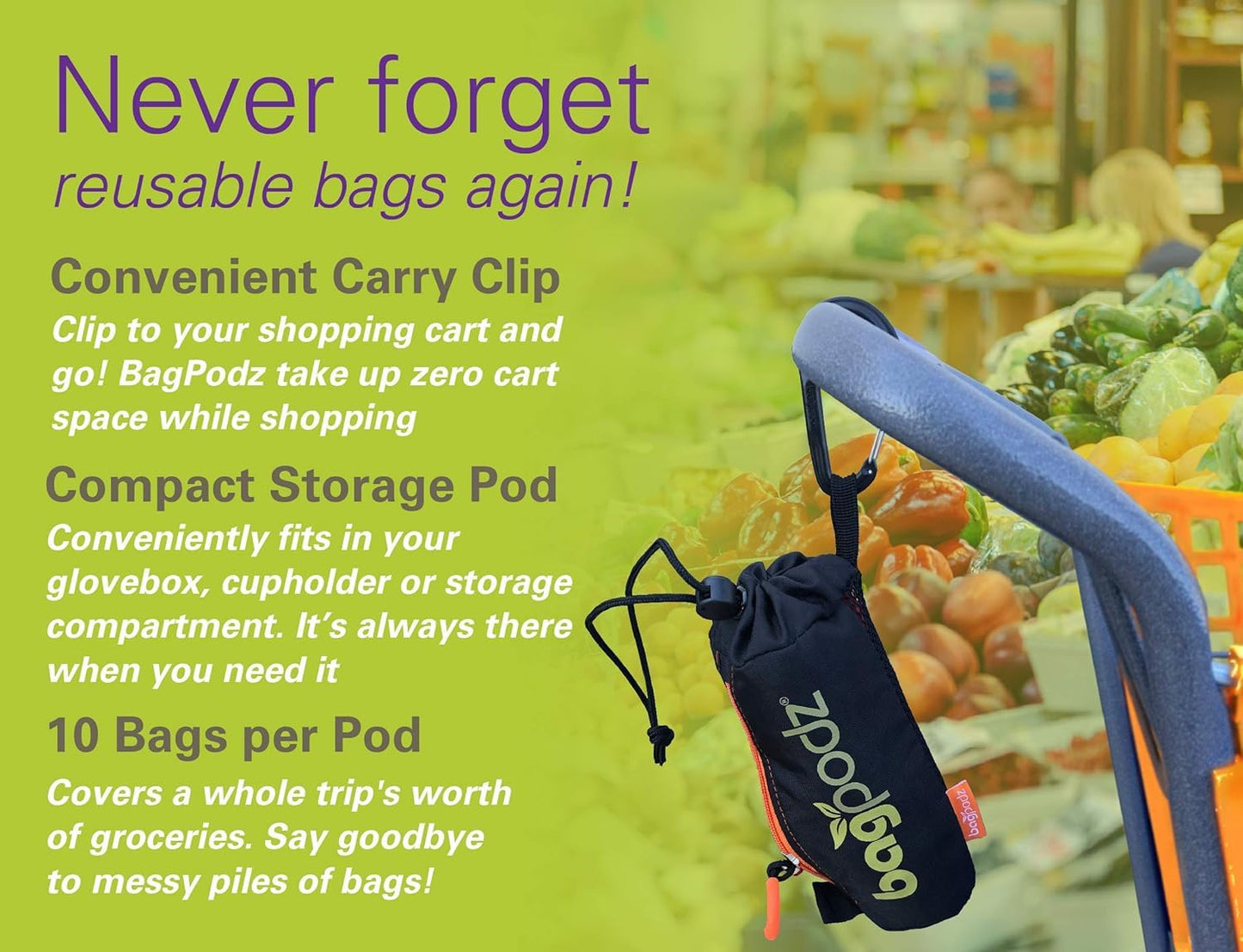 BagPodz Sturdy Reusable Grocery Bags Foldable and Washable - Made From RipStop Nylon Hold 50lbs - Designed in USA Reusable Shopping Bags Inside a Compact Pod with Carry Clip - 10 Pack in Blue
