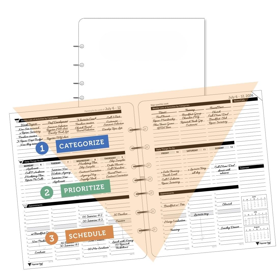 Planner Pad 7 Hole Loose Leaf July 2026 – June 2027 / Academic Year 6 3/4" x 8 1/2" 3-Tier Funnel Down 12 Month Medium Size Organizer, Black Ink