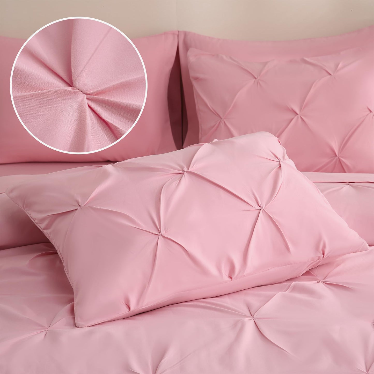 DOWNCOOL 7 Pieces Pink Queen Comforter Set, Pintuck Pinch Pleat Bed in a Bag, Soft Microfiber All Season Bedding Set for Bedroom with Sheets, Pillowcases & Shams