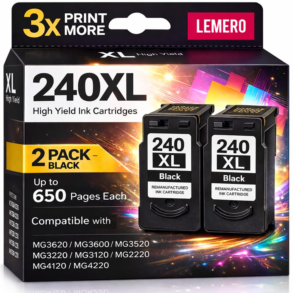 LEMERO PG-240 XL 240XL Black Ink Cartridge Remanufactured for Canon 240XL Ink Cartridge Work with Canon PIXMA MG3620 MG2120 MG3120 MG4120 MG2220 MG3220 MG3520 MX472 TS5120 Printers (Black, 2-Pack)