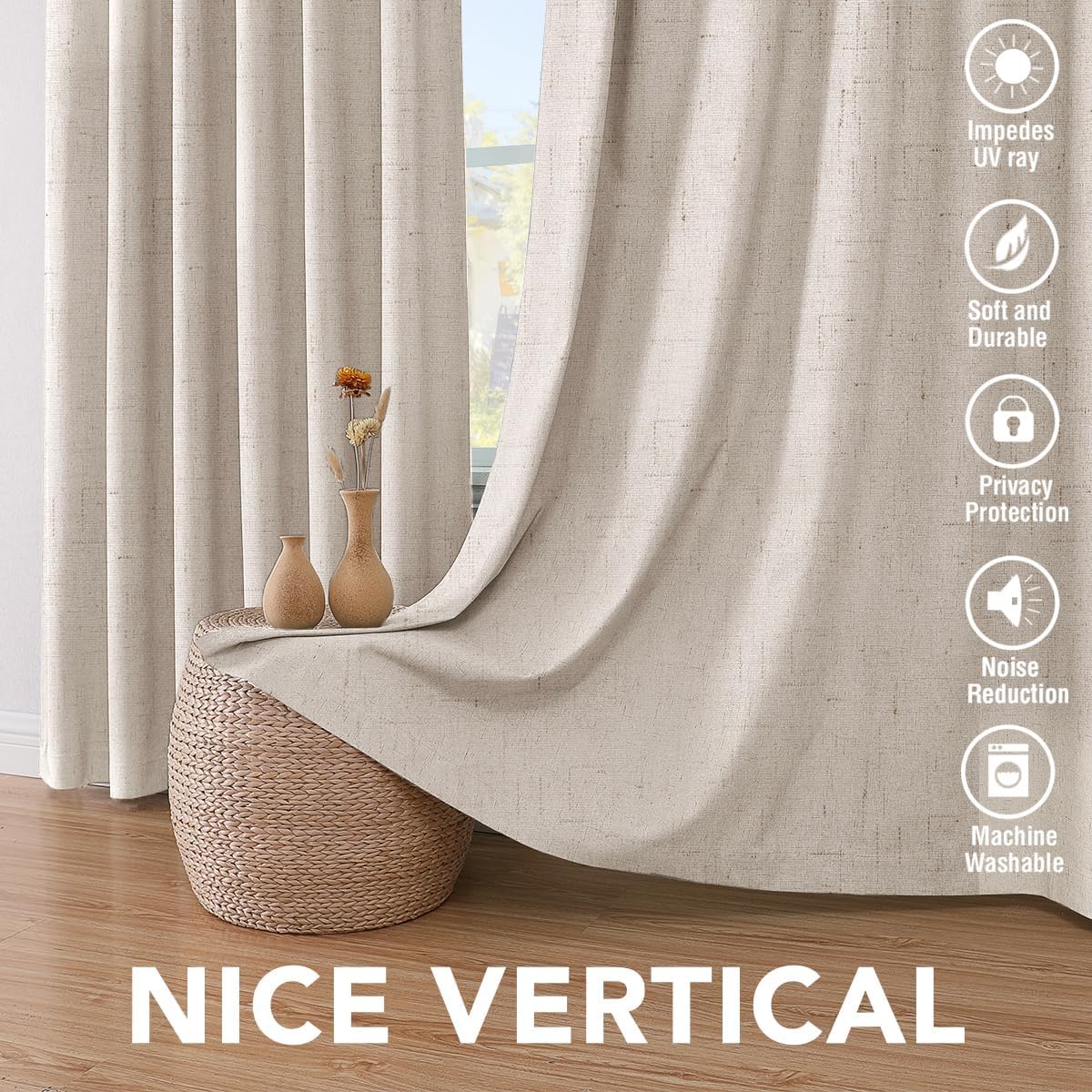H.VERSAILTEX Linen Curtains 100% Blackout Curtains for Bedroom 90 inch Long Full Light Blocking Nature Linen Blended Window Curtains for Living Room Nickel Grommet (2 Panels, Natural)