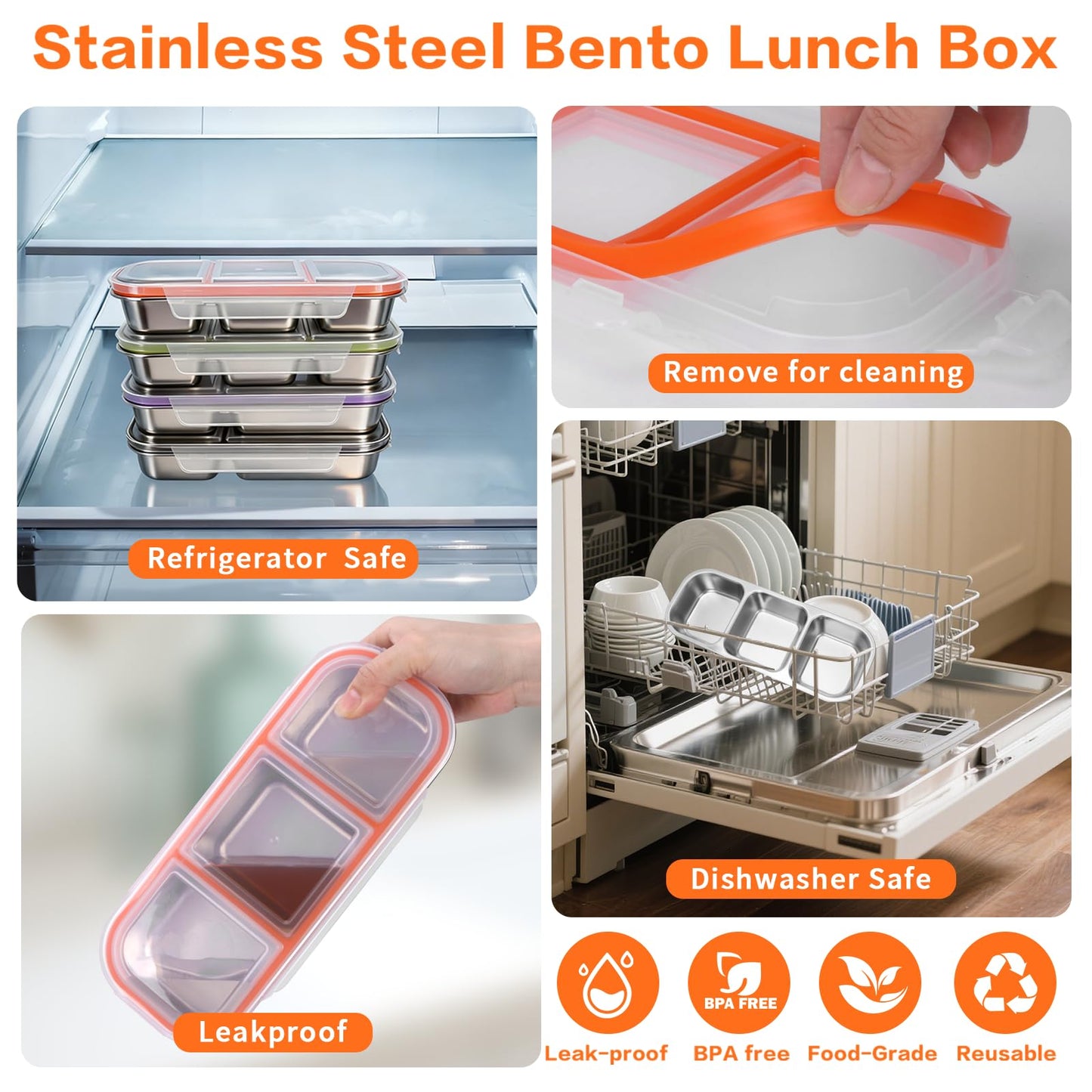 YJSLICT 4 Pack Stainless Steel Snack Containers with Lids, 3-Compartments Reusable Lunch Box for Adults, Food Storage Containers Divided Meal Prep Box for Home, Work, Travel