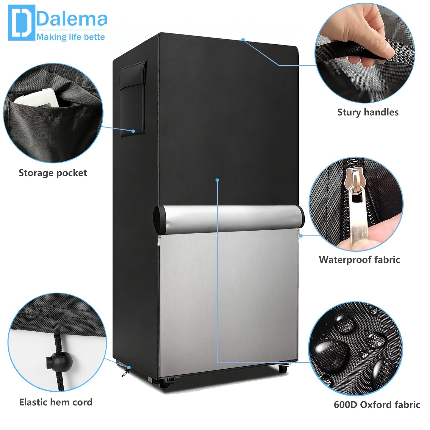 Dalema Outdoor Refrigerator Cover,600D Heavy Duty 100% Waterproof Upright Freezer Cover,Outside Stand Up Fridge Covers.Front Can Be Rolled-Up by Zippers.(Black,33" W x 33" D x 67" H)