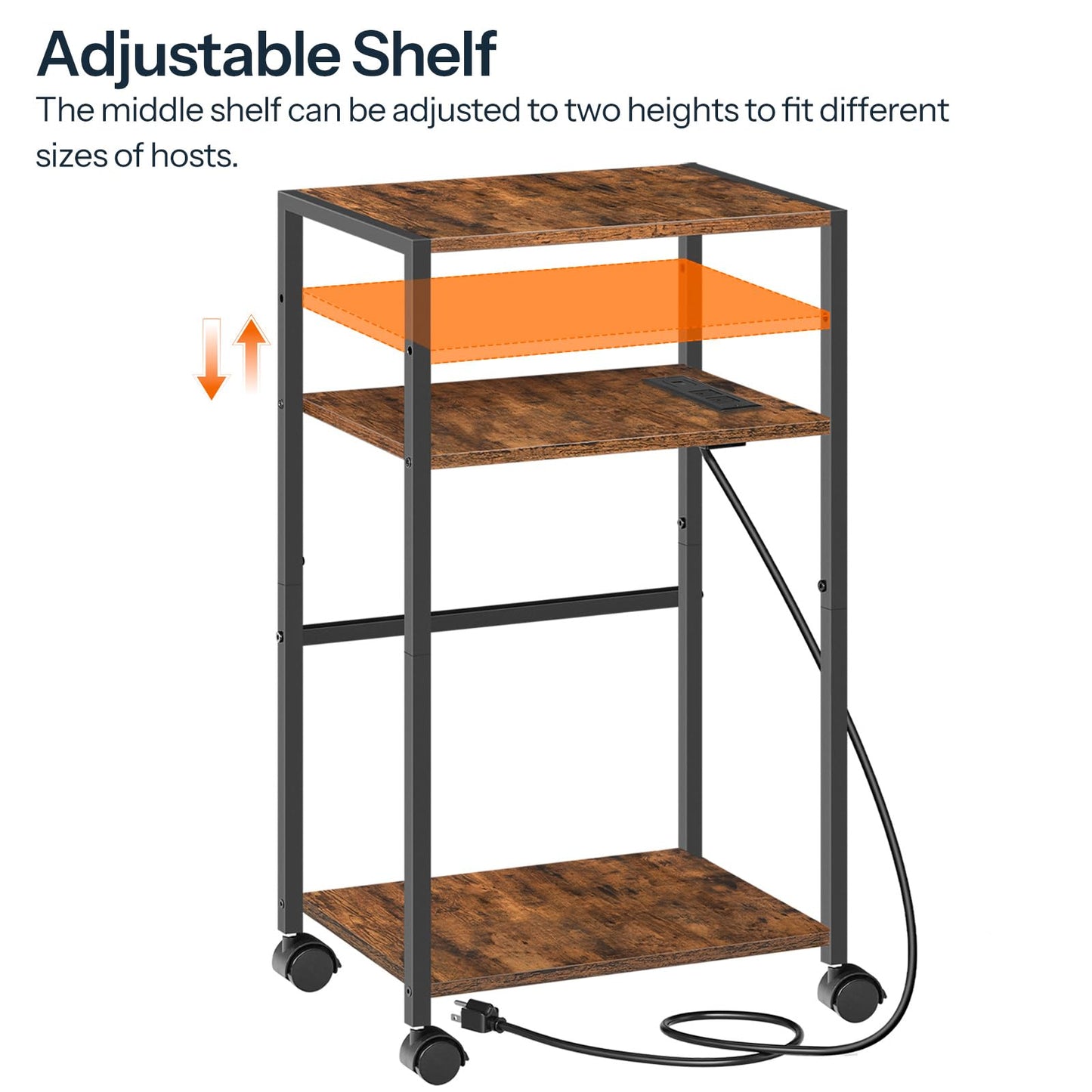 HOOBRO Computer Tower Stand, 3-Tier PC Tower Stand, PC Stand with Charging Station, Mobile CPU Stand Fits Most PC, Adjustable Shelf, for PC Tower, Printer, Home Office, Rustic Brown BF12UCJ01