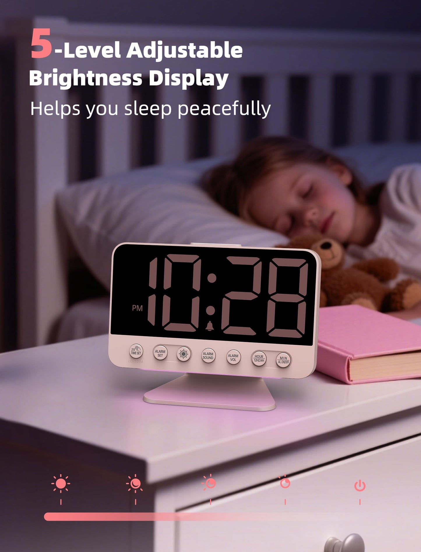 Odokee Digital Alarm Clocks for Bedrooms: Large Bold Number 5 Brightness Dimmer - Easy to Read Across The Room - 5 Alarm Sound 8 Night Light - Sakura Pink