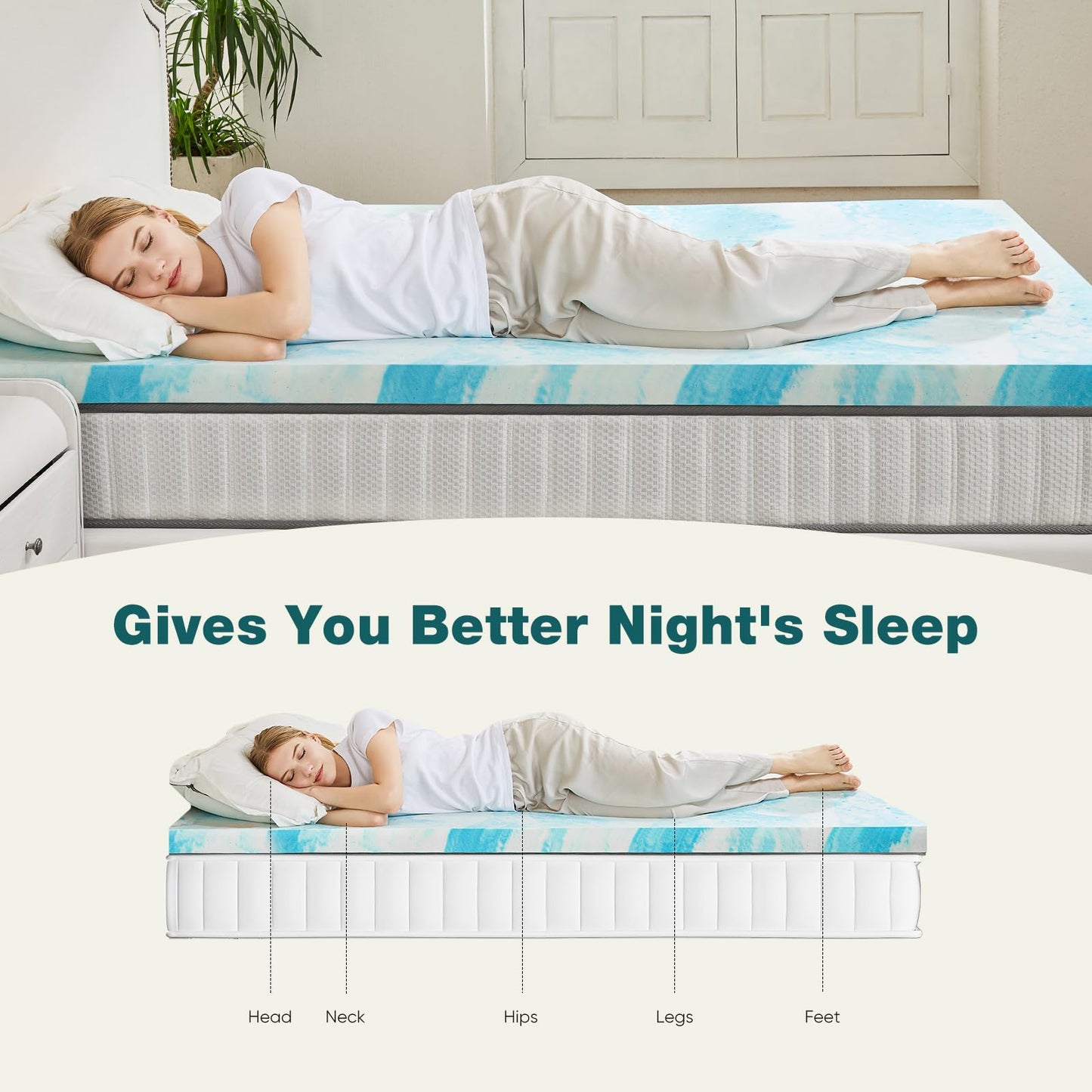 Sweetcrispy Mattress Topper Queen, Memory Foam 3 Inch Thick Gel Infused Cooling Toppers Pad for Queen Size Bed, Sleeper Sofa, RV, Camper, CertiPUR US, Breathable