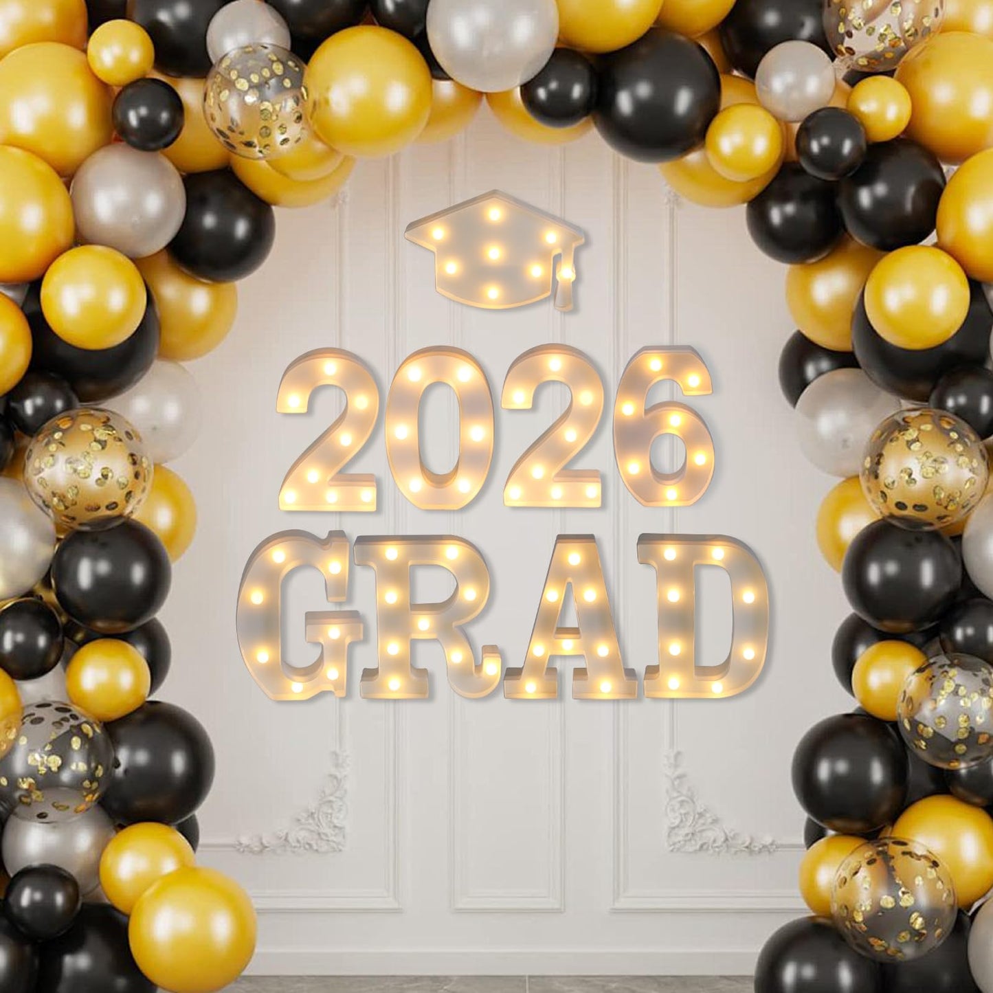 Graduation Party Decorations 2026, 8 LED Long Marquee Light Up Letters 'Grad 2026' and 1 'Doctorial hat' - Graduation Party Decor for Preschool High School College