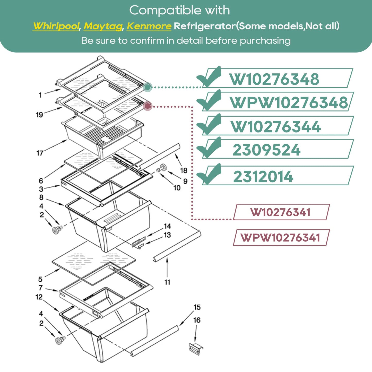 MONST W10276348, WPW10276348, W10276344, 2309524, 2312014 Glass Shelf Compatible with Whirlpool, Kenmore, maytag, Amana, Crosley, etc, Refrigerator (Some Models), Part Number : AP6018411, PS11751713
