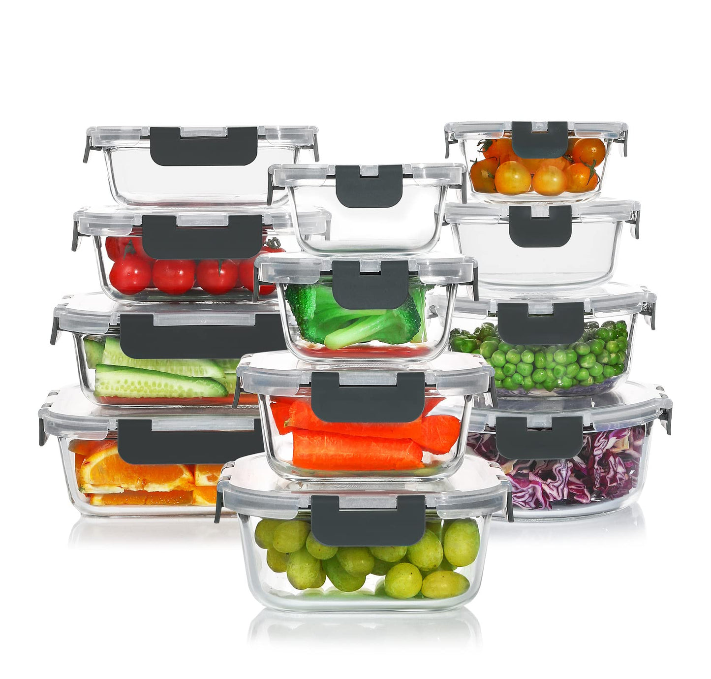 KOMUEE 24 Pieces Glass Food Storage Containers Set, Meal Prep Containers, BPA-Free Airtight Glass Storage Containers with lids,Freezer, Microwave and Oven Safe,Gray