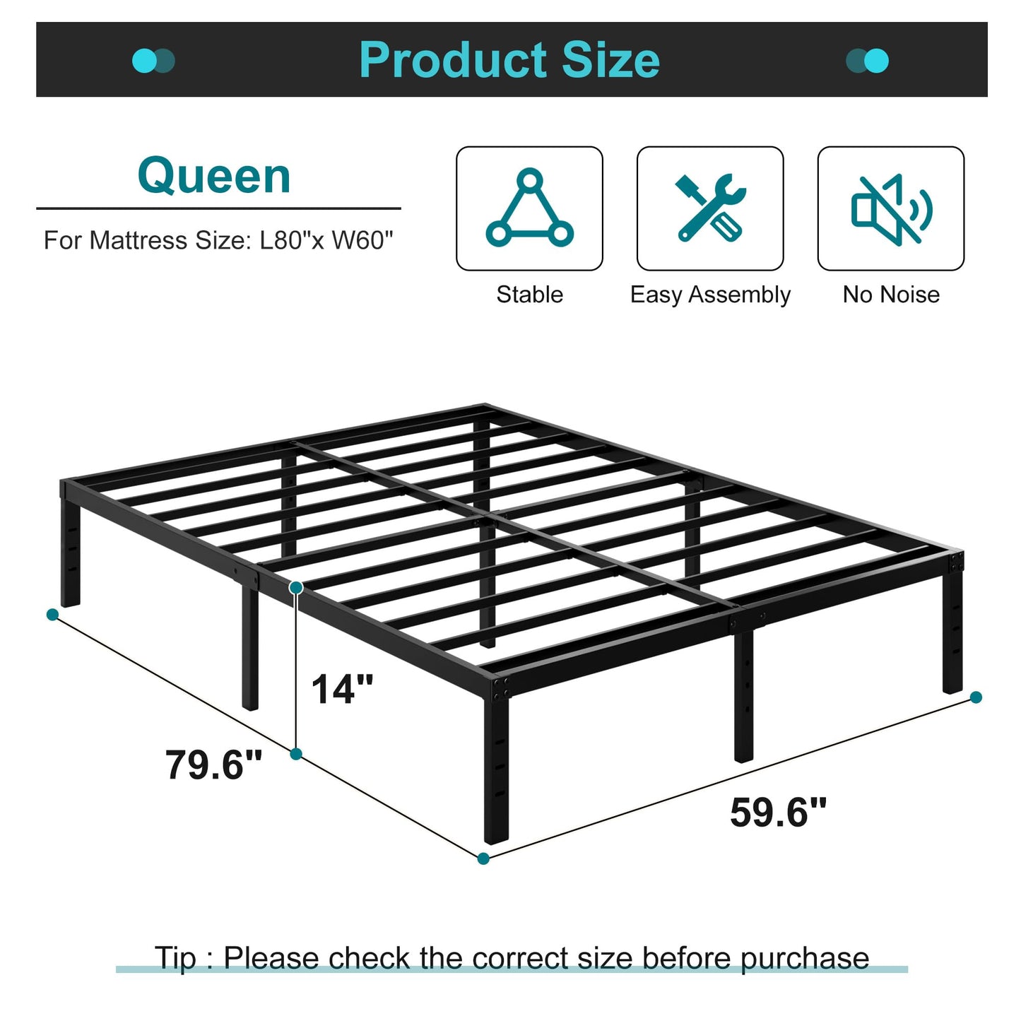 Maenizi 14 Inch Metal Bed Frame Queen Size No Box Spring Needed, Heavy Duty Platform Support Up to 3000 lbs, Easy Assembly, Noise Free, Black
