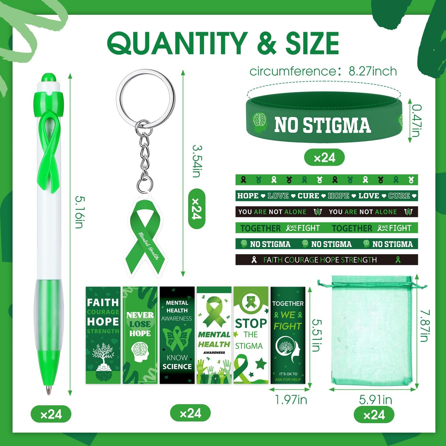 Fullhawl 120 Pcs Mental Health Awareness Gift Set Include Mental Health Pens Green Ribbon Silicone Bracelets Wristbands Bookmark Keychain Green Organza Bag for Office Public Charity Events Supplies