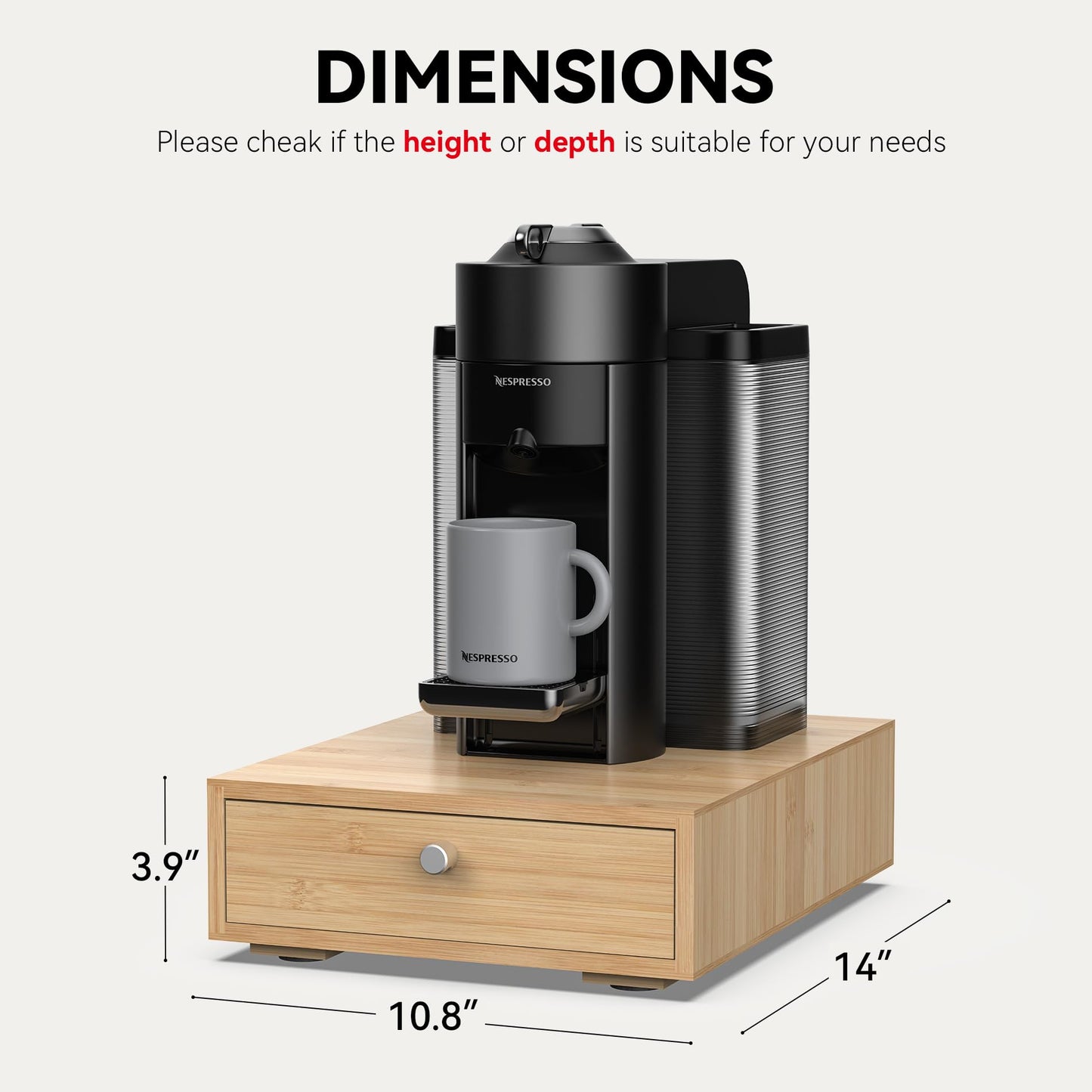 WELL WENG for Nespresso Vertuo Capsules (NV136) - Premium Bamboo Coffee Pod Drawer, 36 Big or 48 Small Vertuoline Pods Organizer - 10.8"Wx14"Dx3.9"H (Natural)