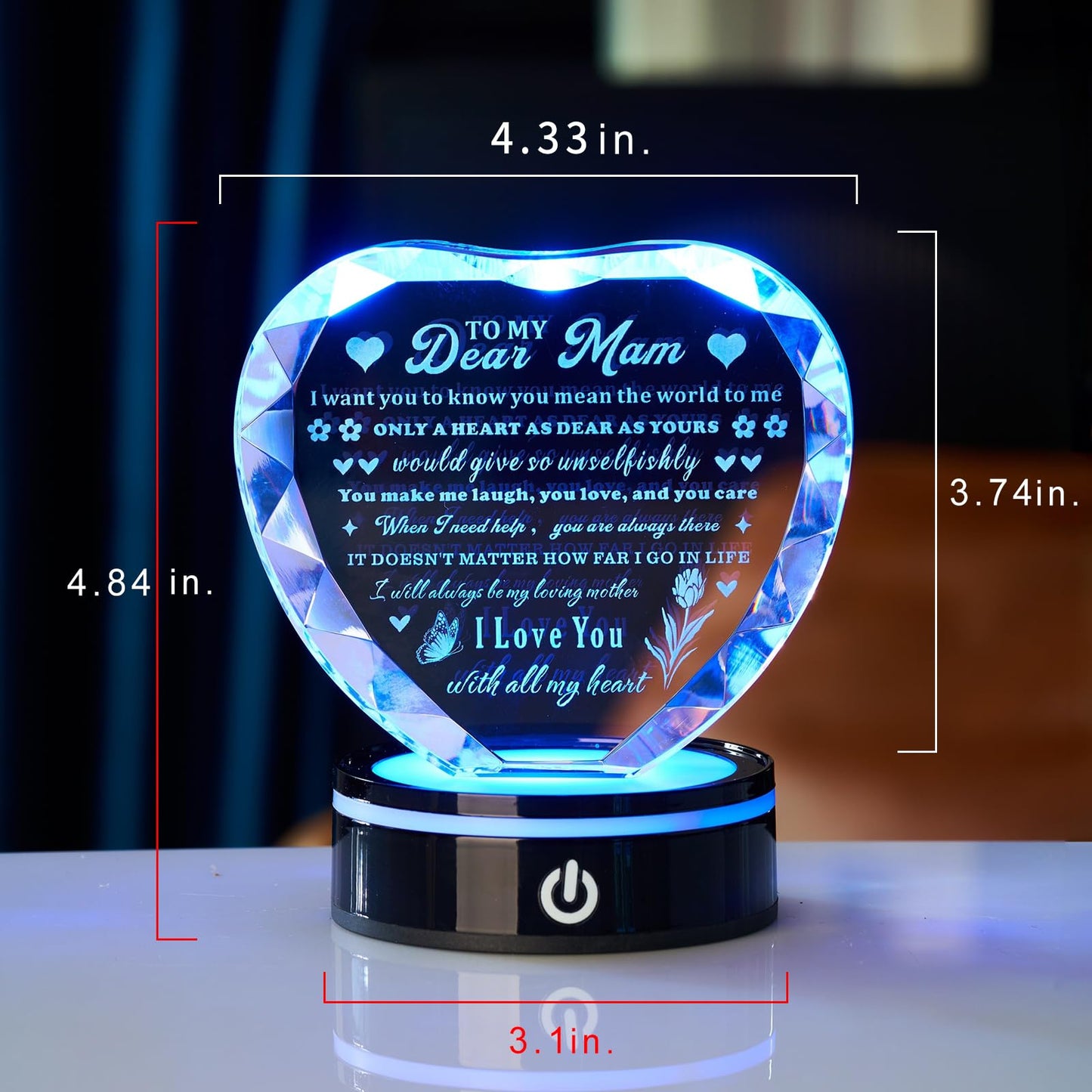 XLSJGYP Crystal Heart Birthday Gifts Ideas for Mother from Son Daughter Moms Mother's Day Mothers Day Gifts for Mom Romantic Best Unique Keepsakes Presents with Colorful LED Base Gift (Mom Gifts)