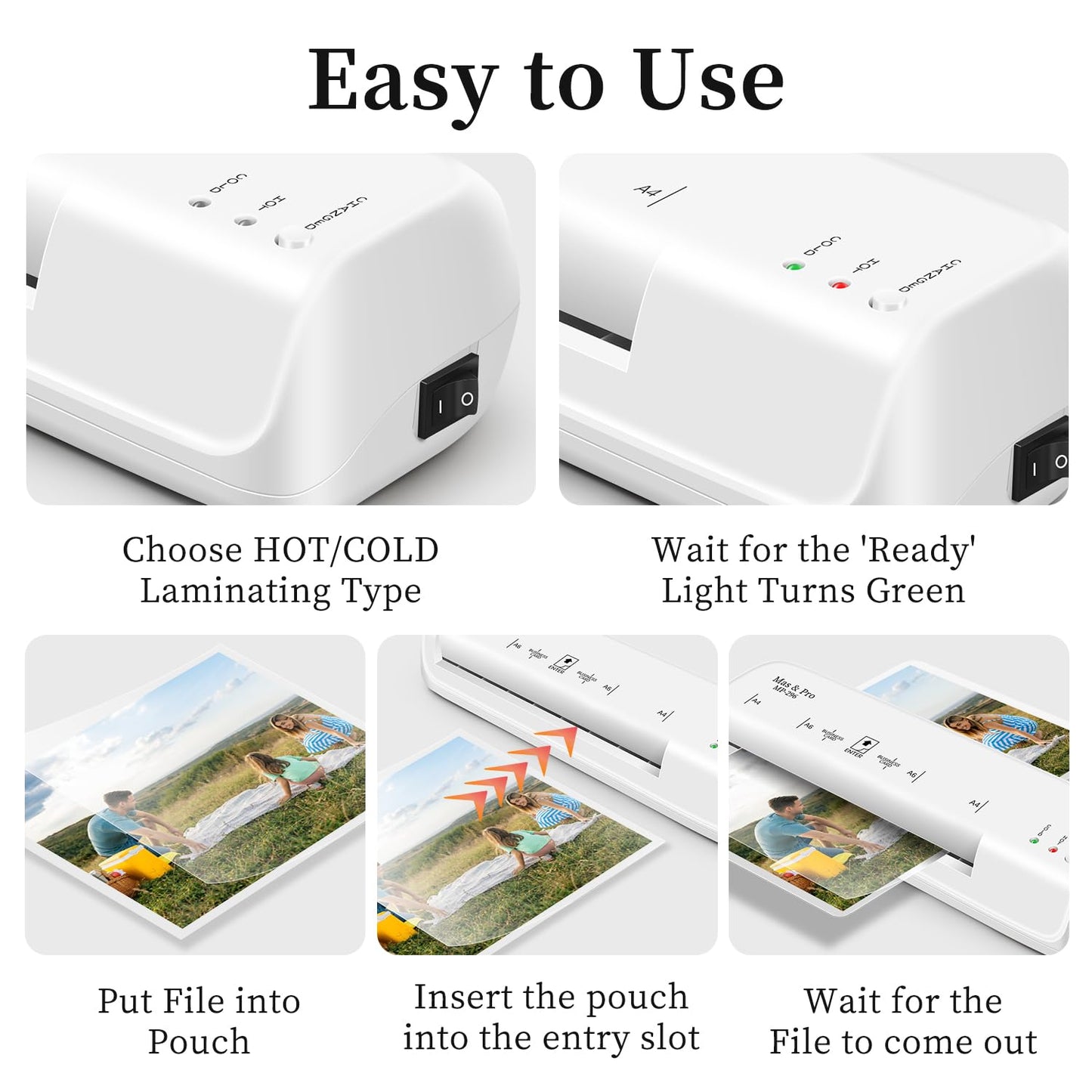 Mas & Pro Laminator Machine with 40 Laminating Sheets for Home/Office/Teachers, 9 Inch Durable Thermal Laminator for Letter/A4/Photos/Cards, Never Jam, 3mil & 5mil, White