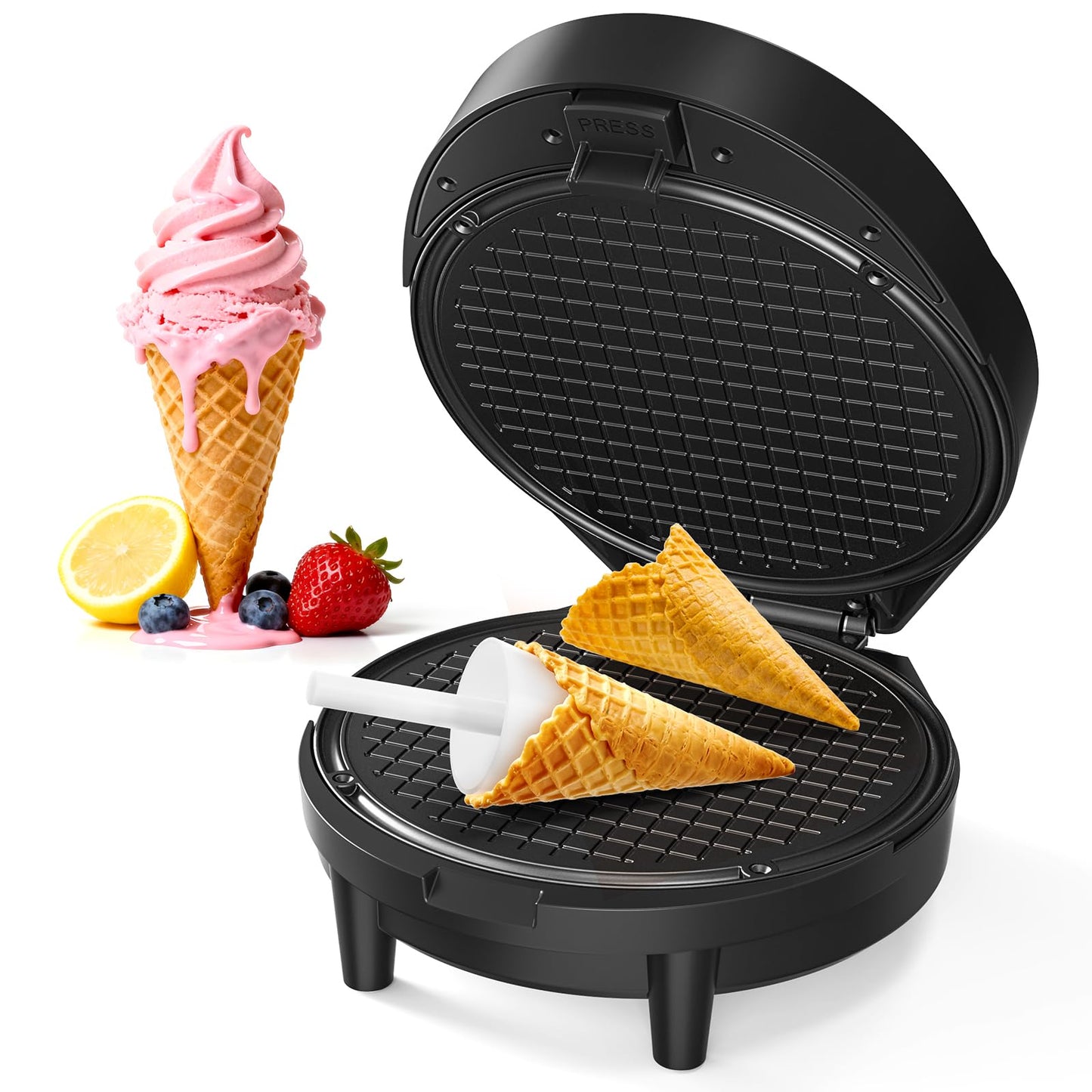 Waffle Cone Maker and Ice Cream Cone Maker with Cone Roller, 1000W Double Side Even Heating Thin Waffle Maker, Makes Crispy Waffle Cones, 7.5" Nonstick Plate Egg Roll Maker, Easy to Clean, Black