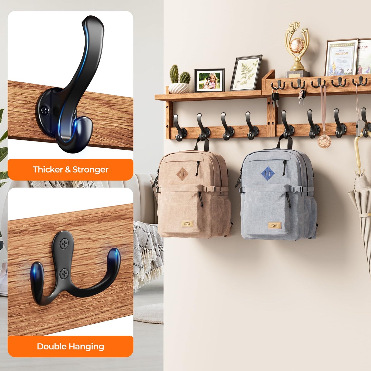 Evermagin 35" Coat Rack Wall Mount with Shelf, 4 in 1 Wall Mounted Coat and Key Hanger with 13 Hooks, Entryway Key Holder with Mail Holder for Living Room, Bedroom