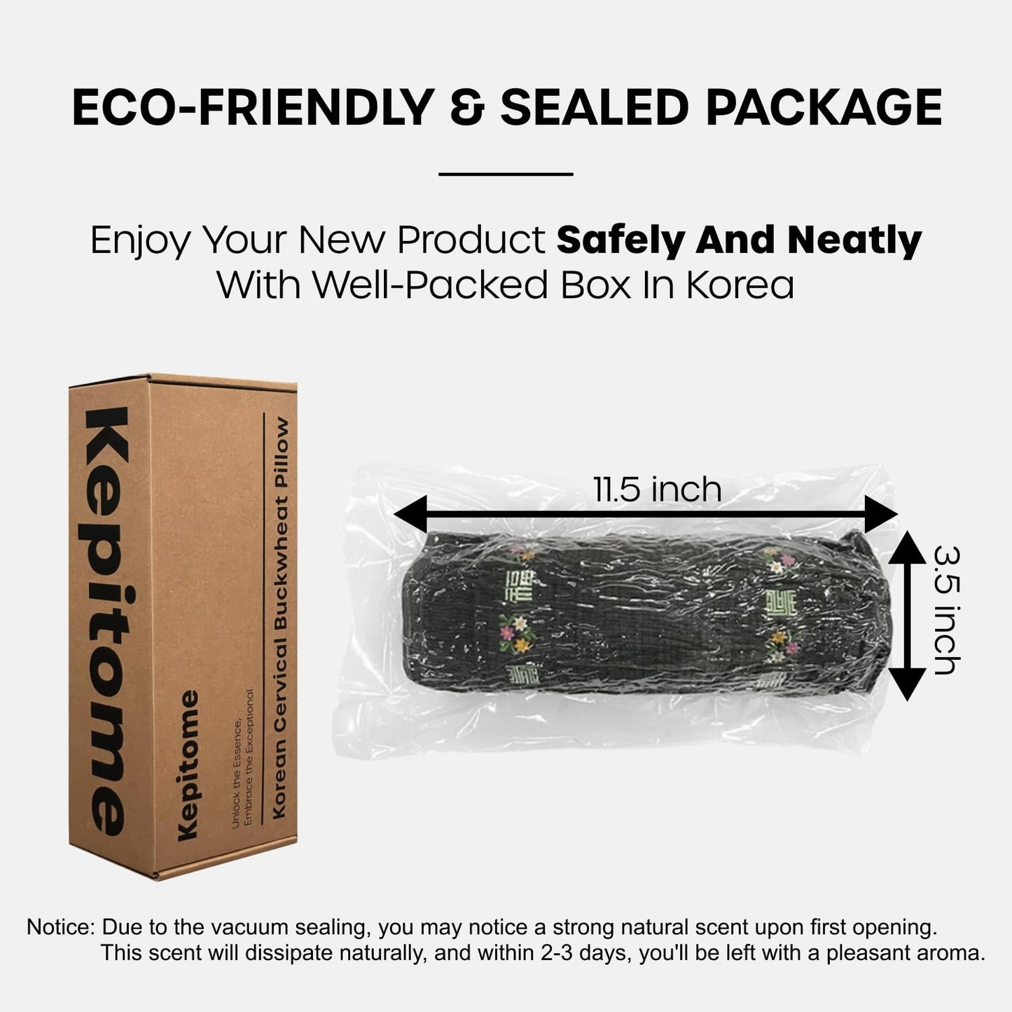 Kepitome 12-inch Korean Buckwheat Cervical Neck Roll — Compact Cypress-Filled Bolster Pillow for Targeted Neck Support (BTS Jungkook's Pick) — Adjustable Firmness, Organic Cotton Cover