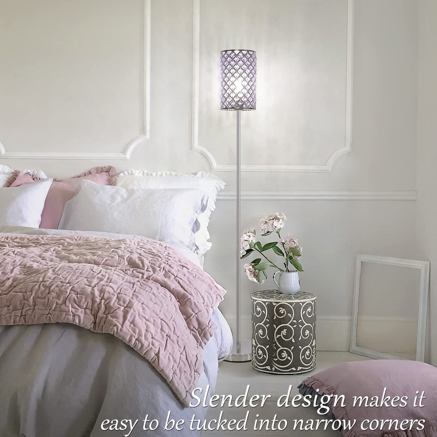 Floor Lamp for Bedroom, Lavender Crystal Floor Lamp with Glam Shade, Elegant Standing Lamp with On/Off Foot Switch & Silver Base, Corner Pole Lamp for Girls Bedroom, Living Room, Office (E26 Base)
