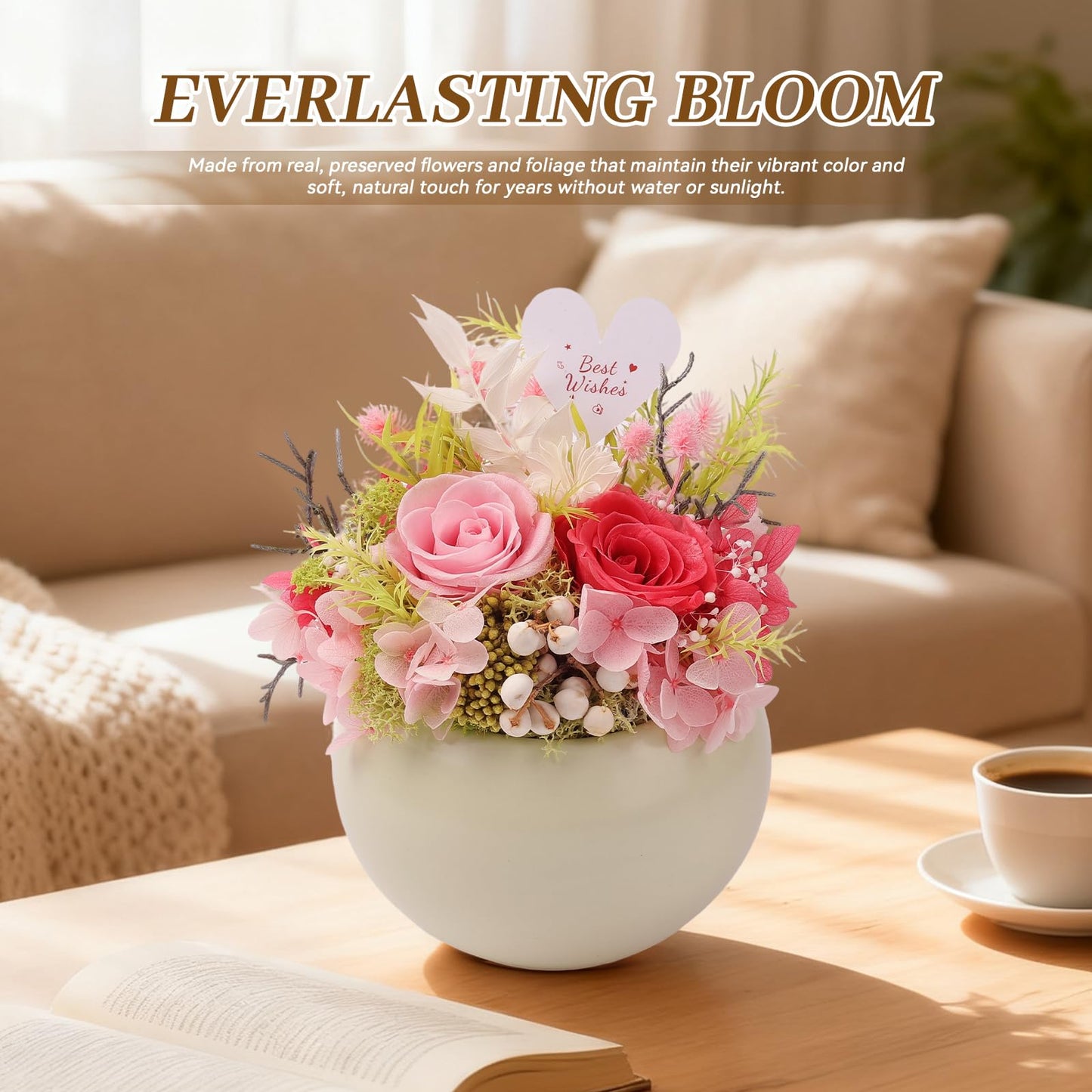 Memorvia Preserved Flower with Vase for Delivery Prime, Natural Forever Rose (Pink Eternal Floral Arrangement)