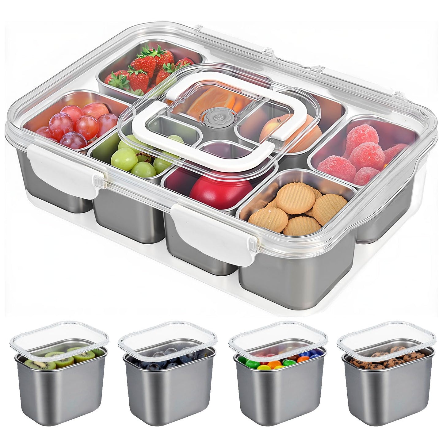 Snackle Box Container, 304 Stainless Steel Snack Containers, Snacklebox, Divided Serving Tray with Lid and Handle, Portable Snack Tray for Beach, Road Trip, Picnic, Boat Days, Ball Games and Pool