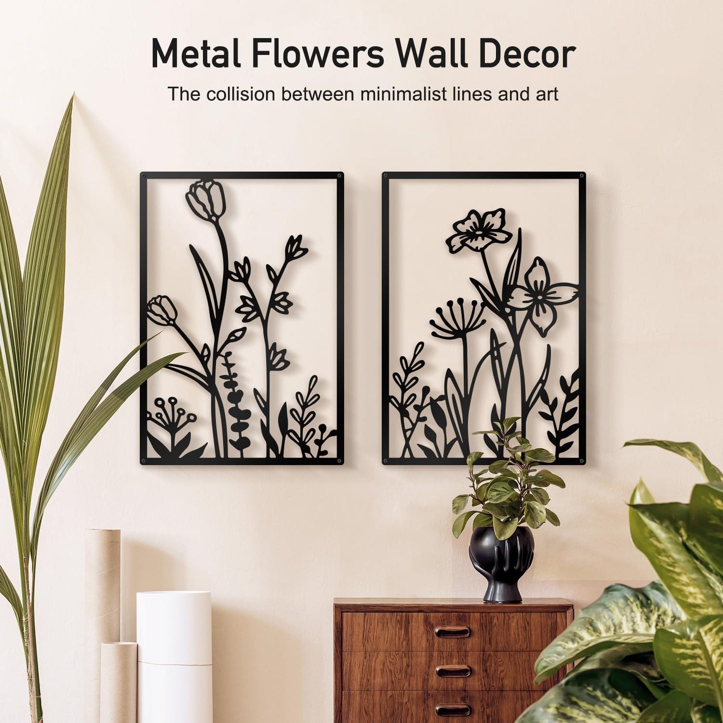 Sokurdeg Black Metal Flower Wall Decor, Minimalist Floral Botanical Wall Art, Abstract Line Boho Farmhouse Decor for Living Room, Bathroom, Bathroom, Office, Meaningful Gift (4 Pcs, 12x17 in)
