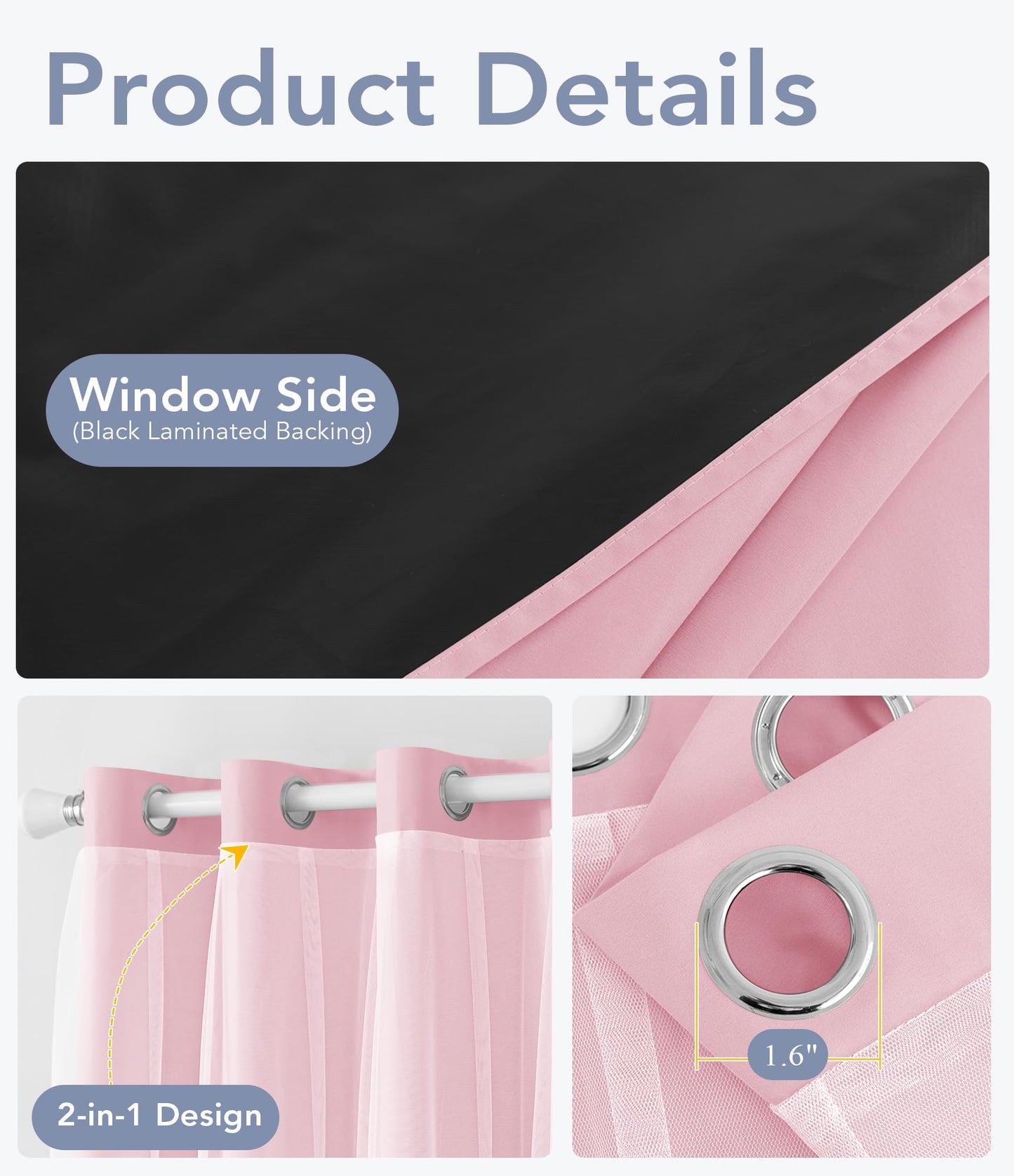 TopNaps 100% Blackout Curtains with Sheer Overlay, 2 Panels Thermal Insulated Double Layer Grommet Drapes for Girls Bedroom Living Room Darkening Apartment Windows Decor, 52" W x 84" L, Pink
