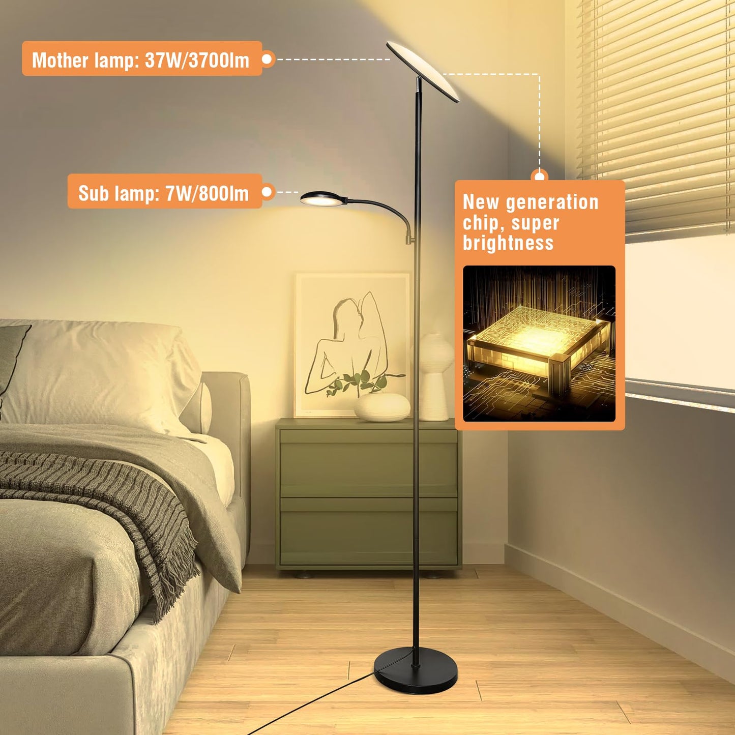 marctronic Floor Lamps for Living Room, 44W/4500LM Super Bright 2 in 1 LED Floor Lamp with Remote, Stepless Dimmable, 69" Tall Standing Floor Lamp with Bendable Reading Light for Bedroom Office