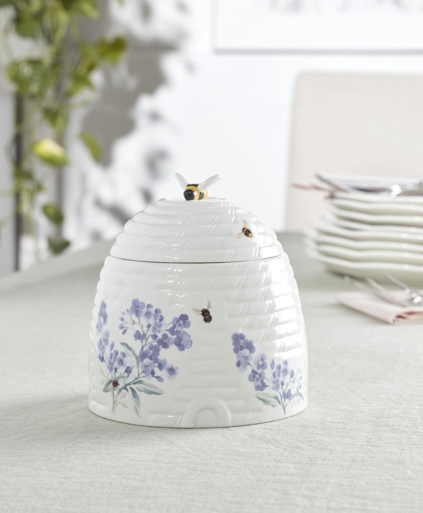 Lenox Home And Kitchen, Butterfly Meadow Beehive Candy Jar, Porcelain Material, Candy Bowl, Dishwasher Safe, Kitchen And Dining, Butterfly And Flowers, Pantry Storage, Table Decor (White, 1 Piece)