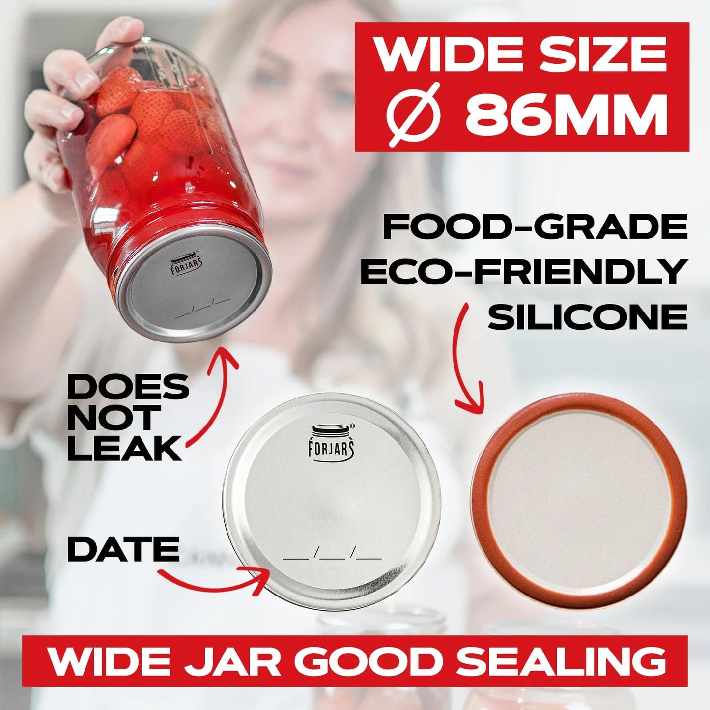 FORJARS - Wide Mouth Canning Lids, 100-Pack – Create Airtight Seals on Mason Jars to Preserve Food for Meal Prep & Emergency Food Storage – 3.4 In. Metal Lids with Silicone Seals – Canning Supplies