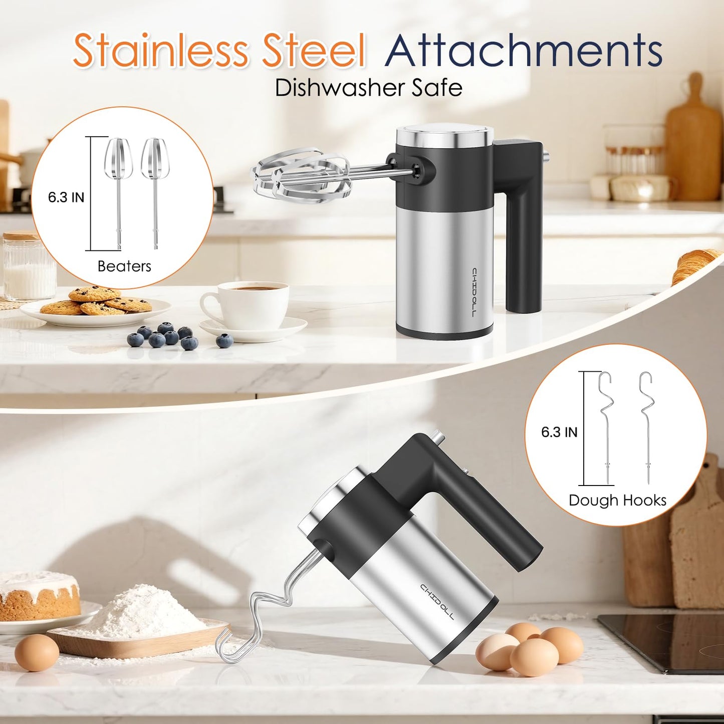 CHIDOLL 600W Hand Mixer, 5-Speed Electric Hand Held Mixer for Baking, Lightweight Stainless Steel Hand Beaters *2 & Dough Hooks*2 with Eject Button, Kitchen Mixer for Cream, Cookies, Dough