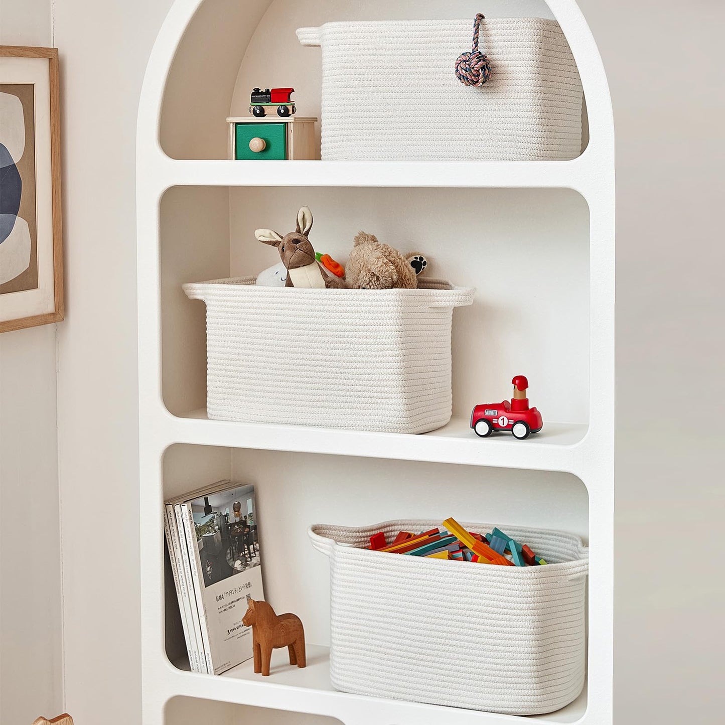 R RUNKA Cotton Rope Basket Set of 3 (15"x10.2"x9.1") - Rectangle Storage Bins - Versatile Toy Storage Organizer - Perfect for Kids, Dog Toys, Books, Shelves - White