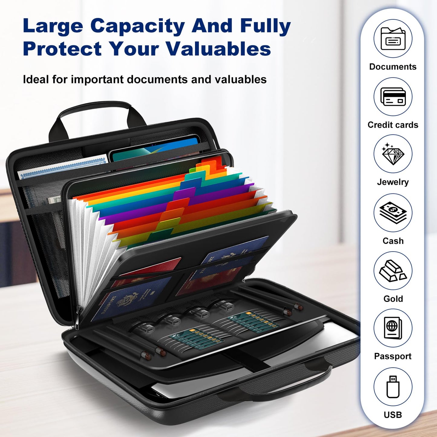 HIBWN Fireproof Document Box, Hard Case Fireproof File Organizer with Lock and 13 Pocket Accordion File Folder, Portable Safe Box for Home Office Travel to Storage Important Documents Laptop Black