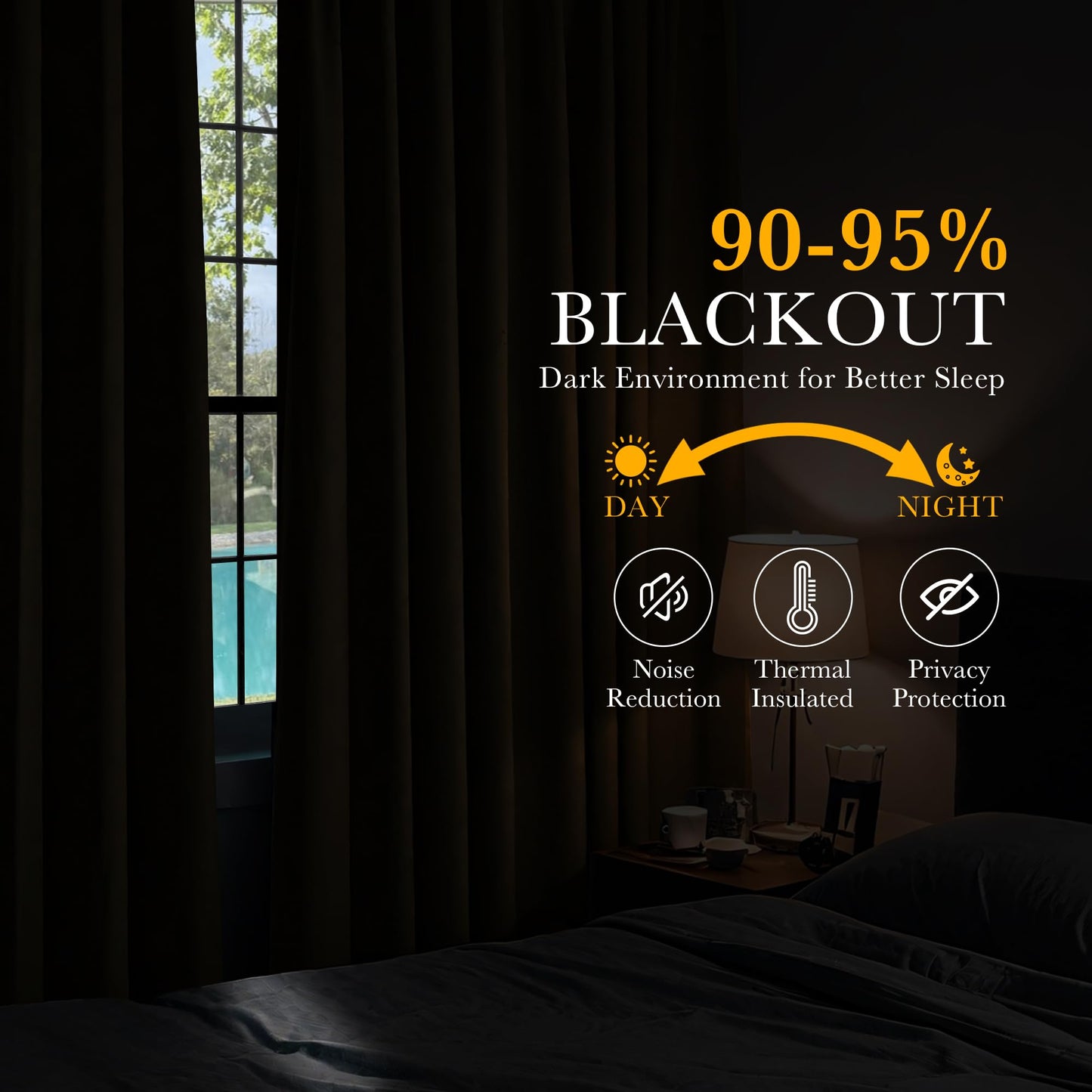 PONY DANCE Blackout Curtains 96 inch Long, Room Darkening Ceiling to Floor Curtains for Bedroom, Thermal Insulated Drapes for Living Room Window, Back Tab/Rod Pocket, 52 Inch Wide, 2 Panels, Black