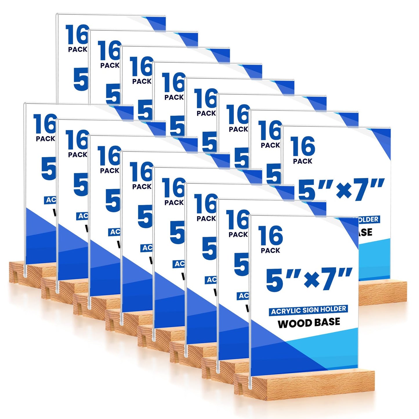 EthPul 16 Pack 5x7 Acrylic Sign Holder with Wood Base Vertical and Slant Displays, Clear Plastic Flyer Display Stand, Paper photo Table Menu Sign Frame Suitable for Restaurants, Office, Store, Hotels