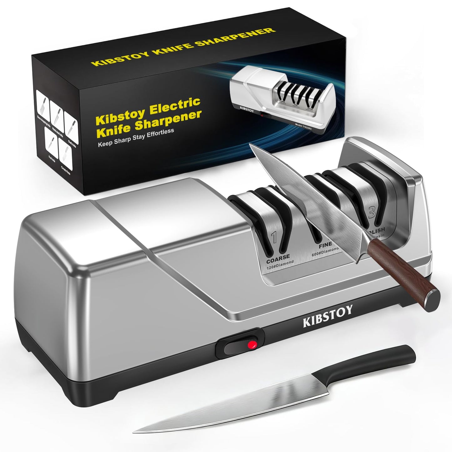 Knife Sharpener Electric, 3-Stage Professional Kitchen Sharpener with 100% Diamond Abrasive, 15° Precision Angle, Magnetic Dust Box, Fast Sharpening & Repair for Chef Knife, Paring Knife