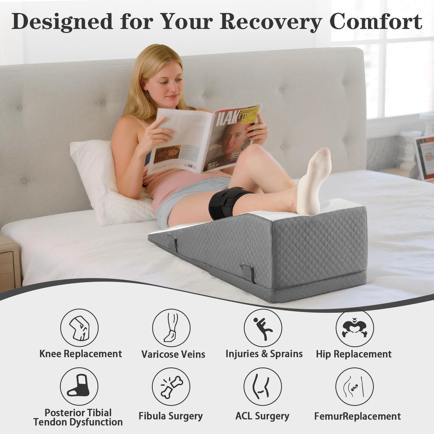 Hapiclody Leg Elevation Pillow for After Surgery – Adjustable Height Knee Surgery Recovery Leg Support Pillow, Designed for Knee Replacement Recovery, Single Leg Elevating Wedge